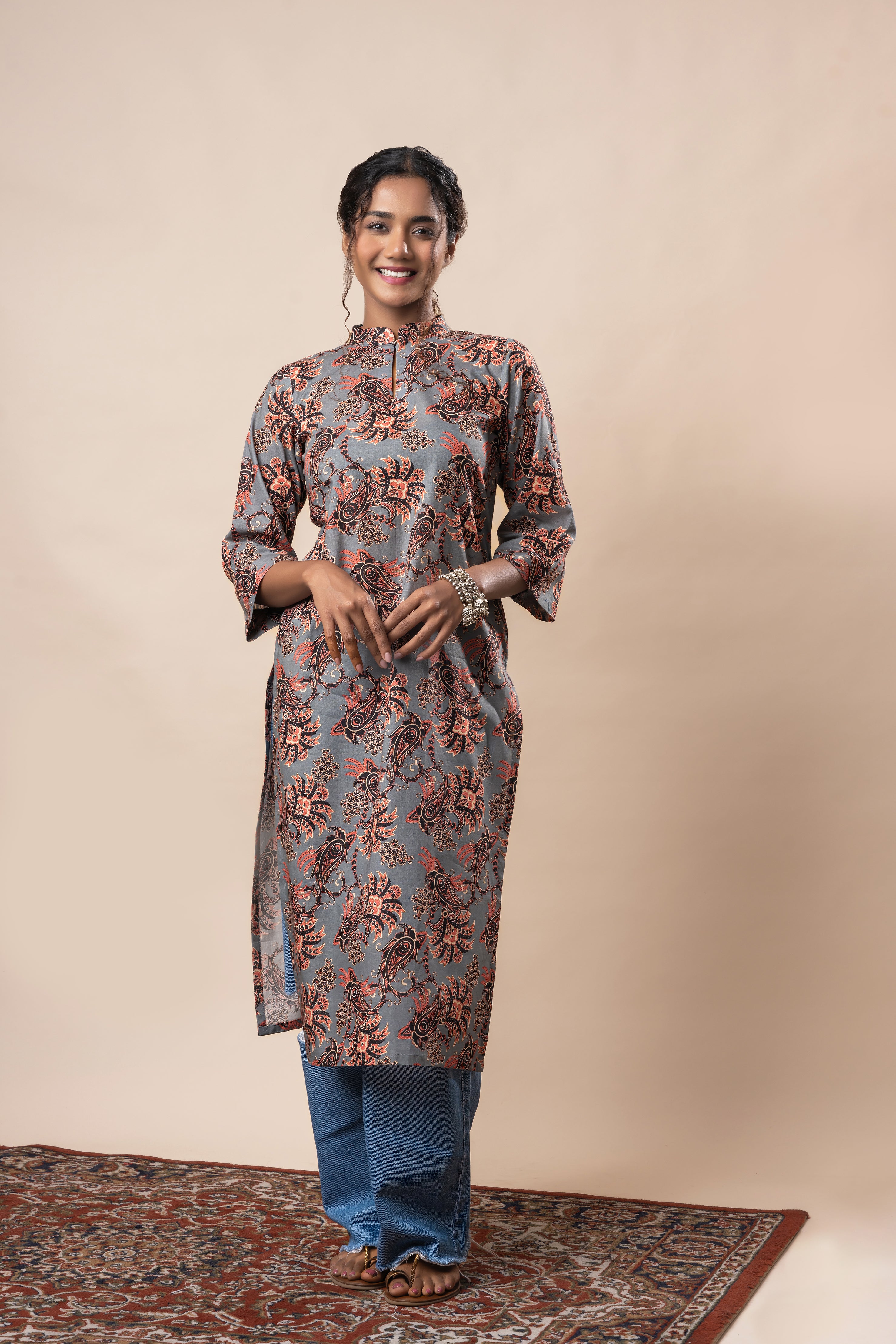 Grey Paisley Printed Pure Cotton Straight Kurta