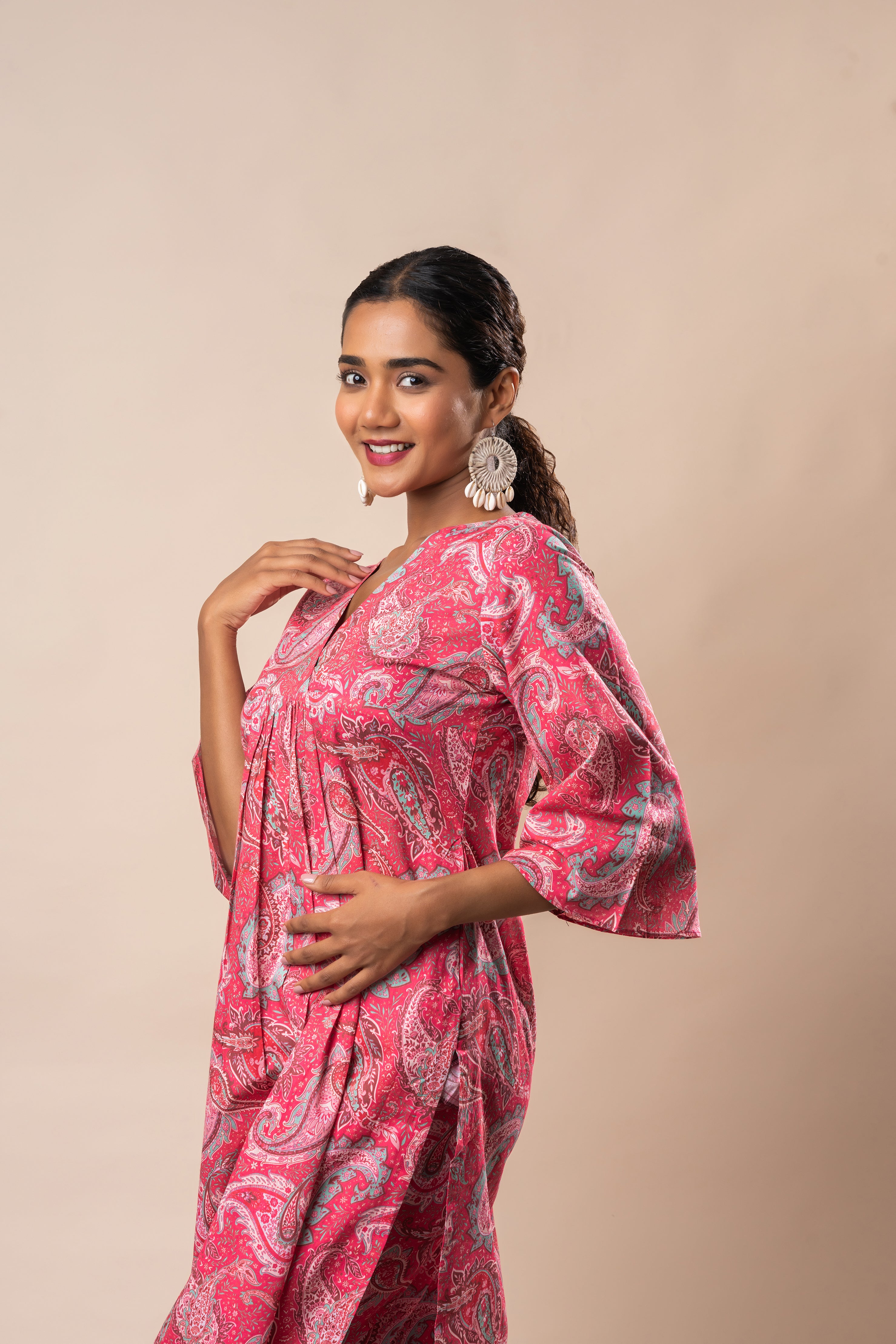 Pink Printed Pure Cotton A-Line Flared Kurti