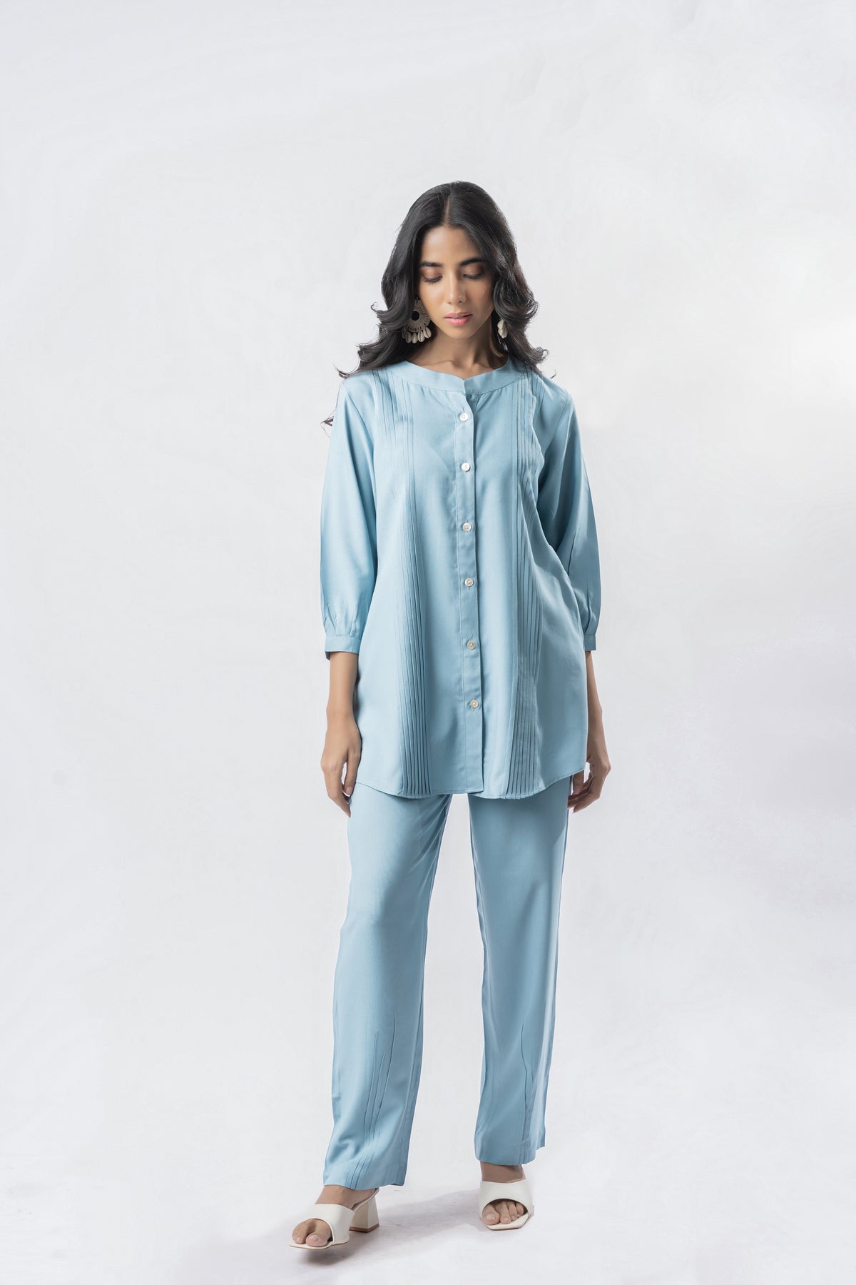 Light Blue Pleated Band Collar Straight Fit Co-ord Set