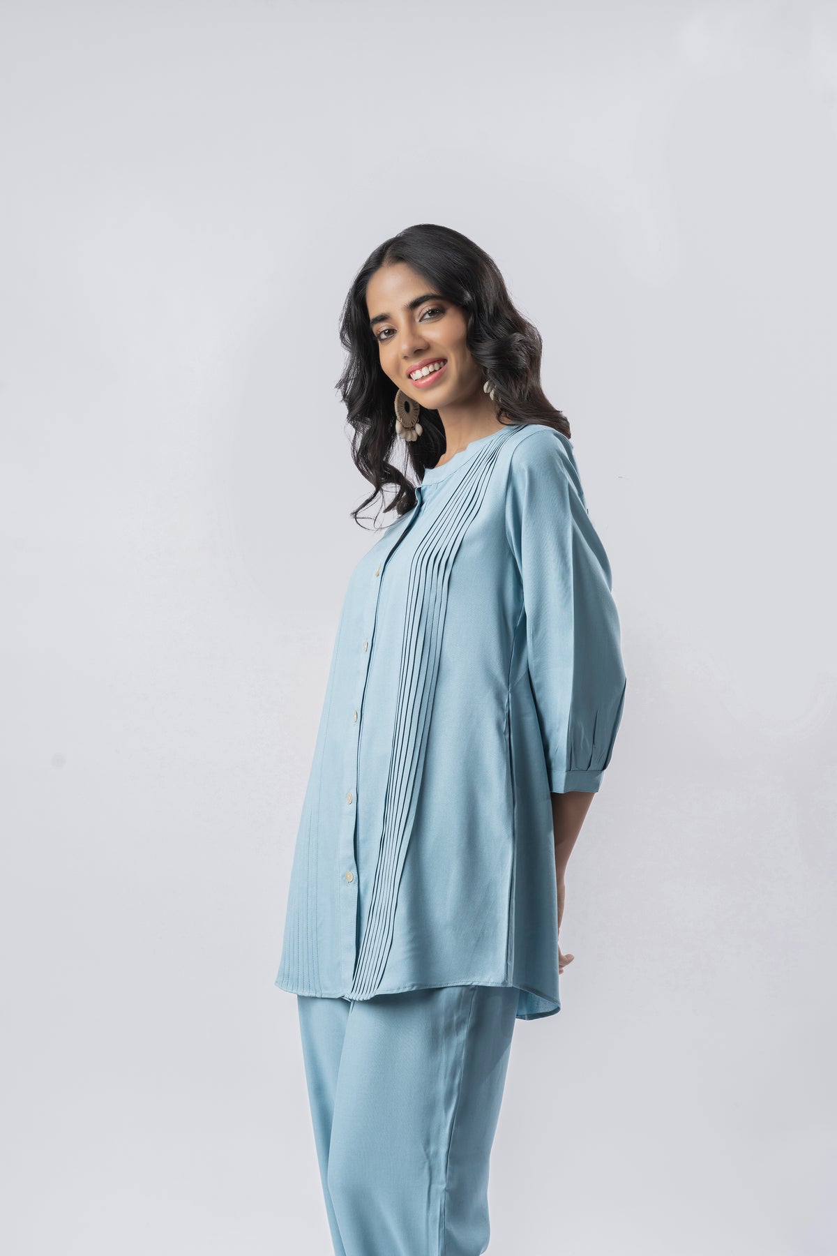 Light Blue Pleated Band Collar Shirt