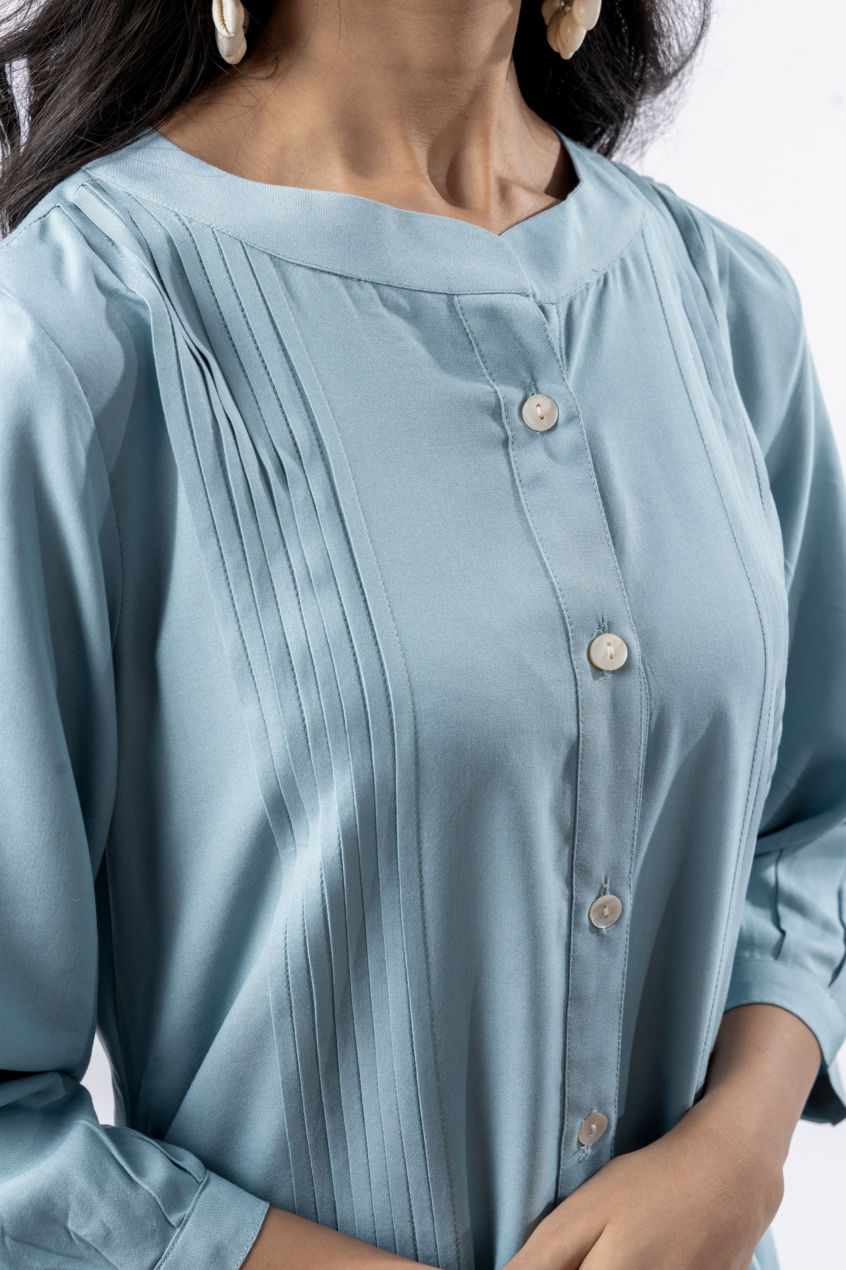 Light Blue Pleated Band Collar Shirt