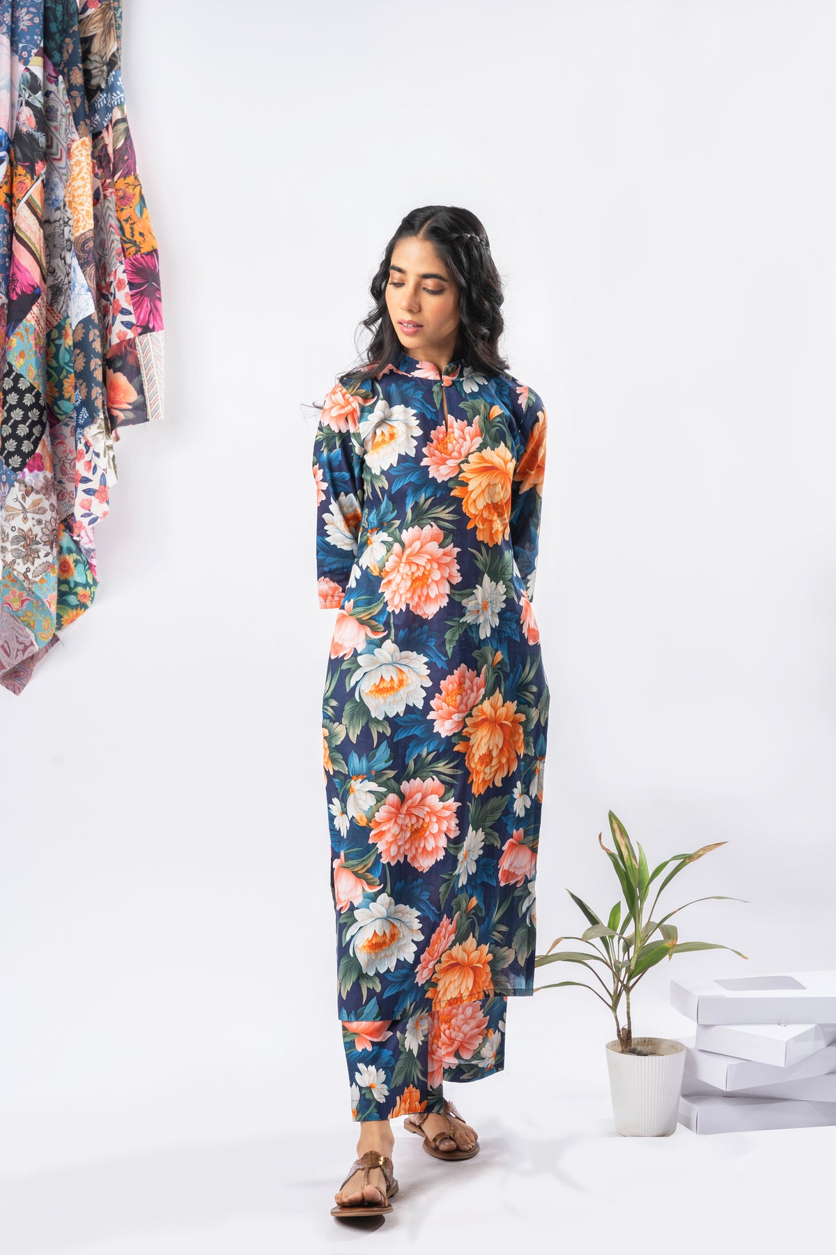 Bold Floral Printed Pure Cotton Straight Kurta Set