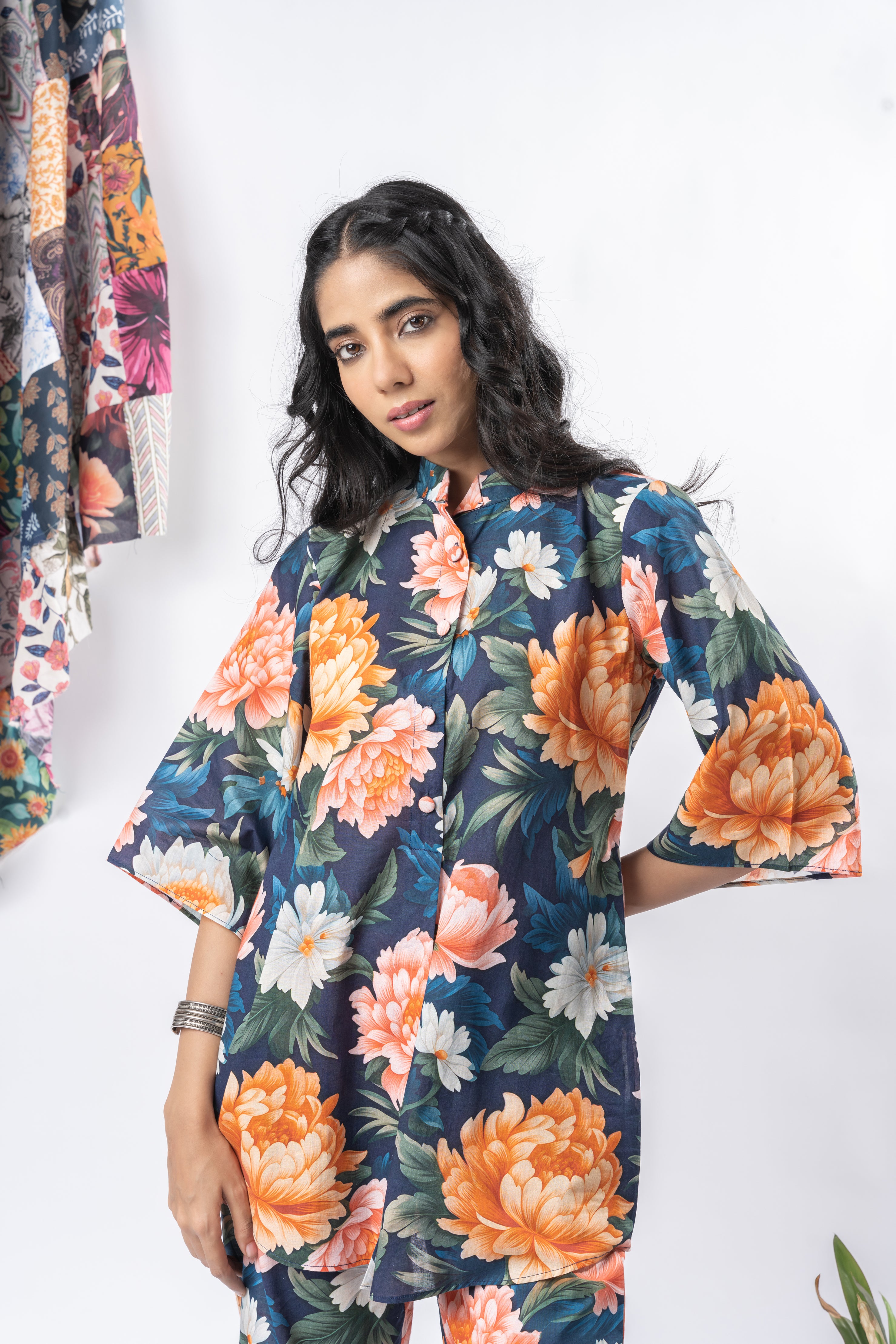 Bold Floral Half-Buttoned Pure Cotton Printed Co-ord Set