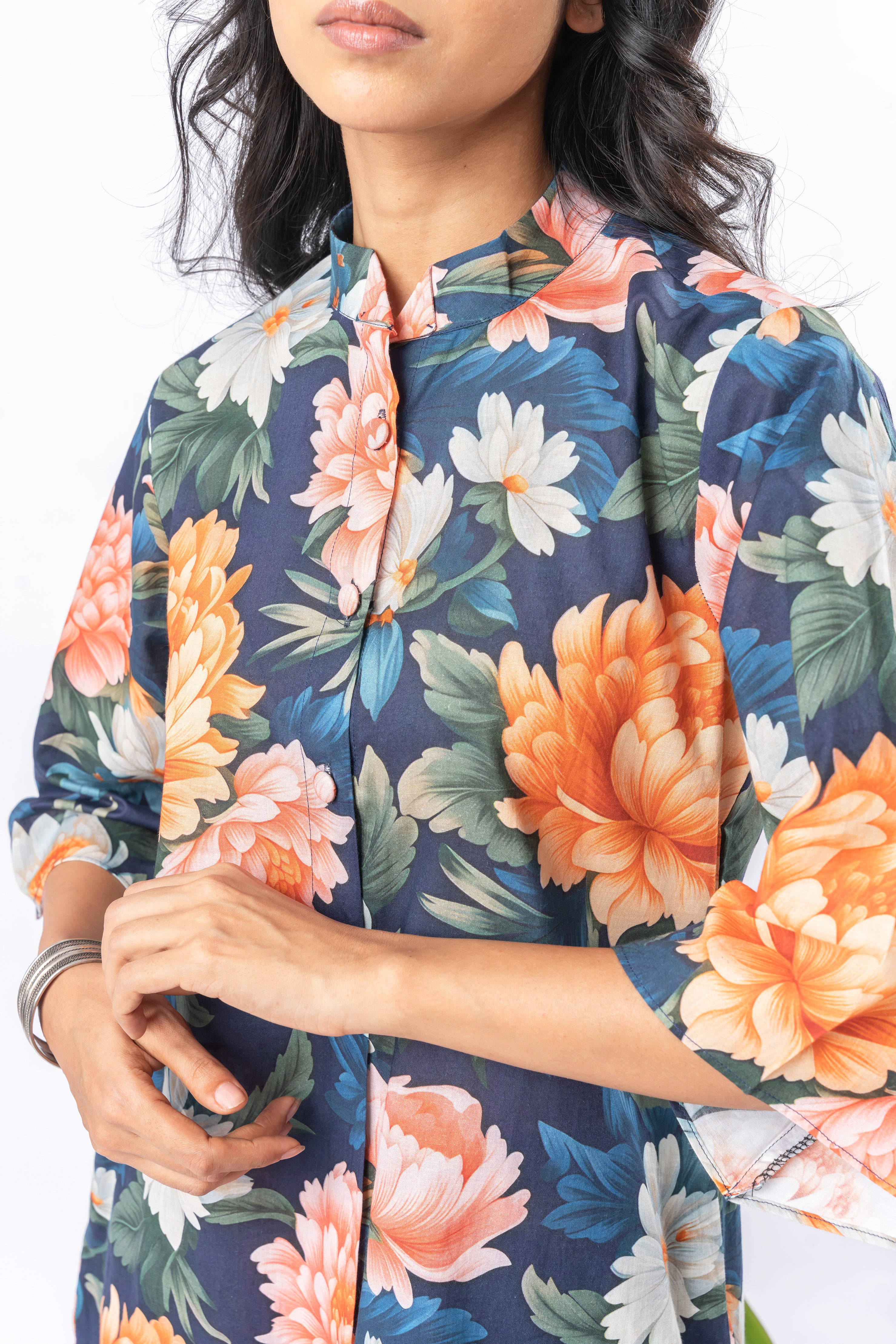 Bold Floral Half-Buttoned Pure Cotton Printed Top