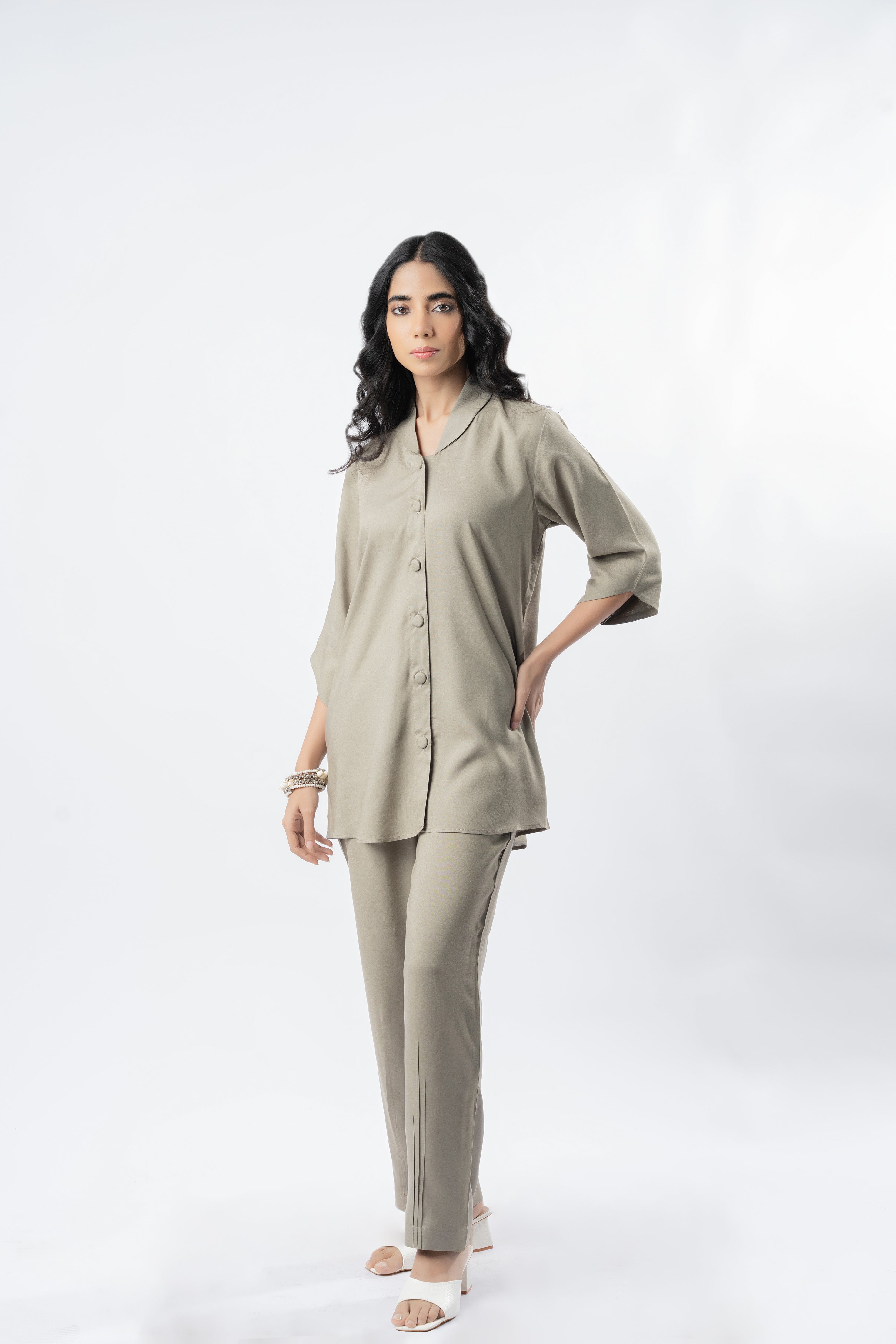 Light Mocha Shawl Collar Shirt with Curved Sleeves