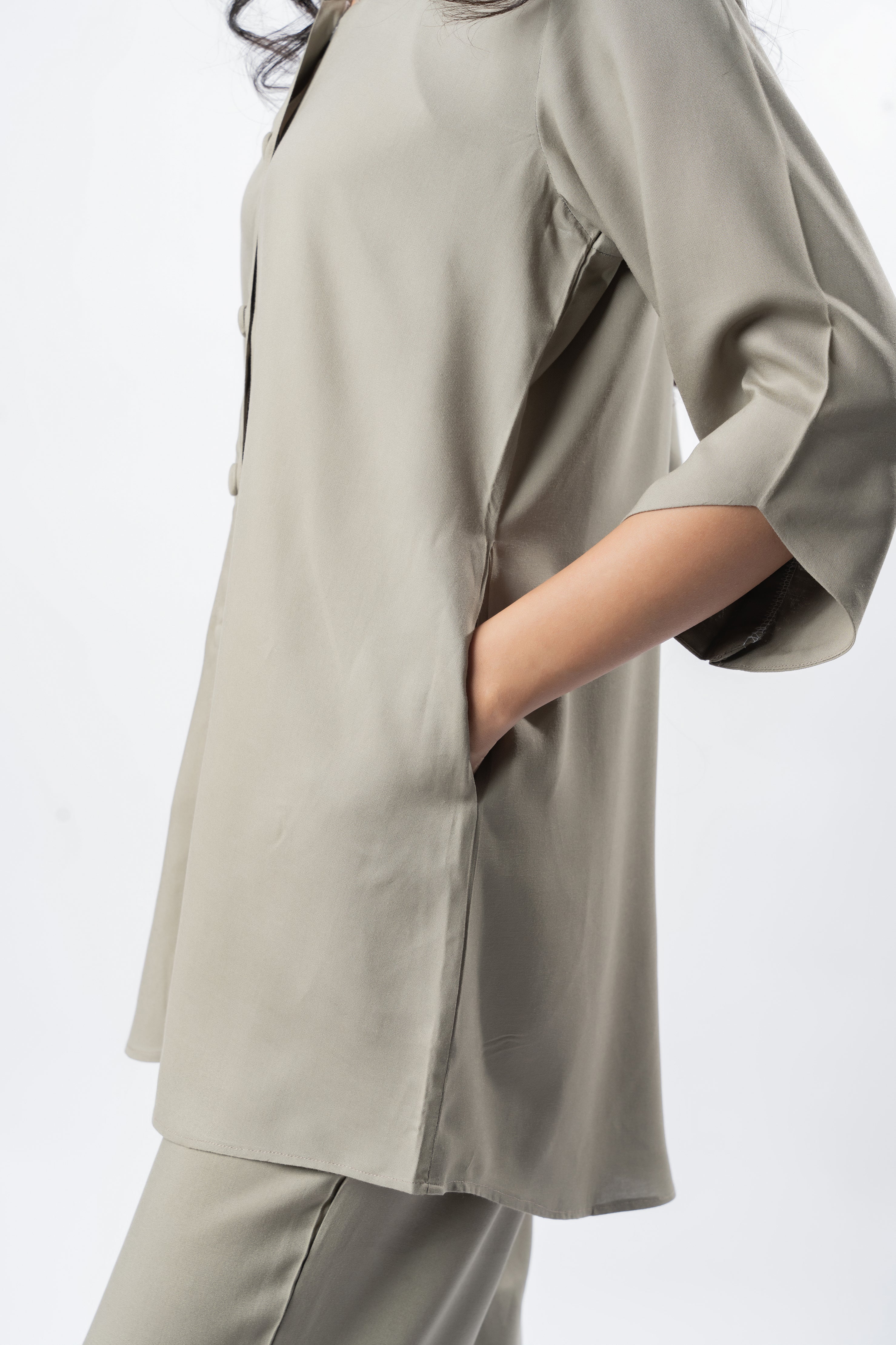 Light Mocha Shawl Collar Shirt with Curved Sleeves