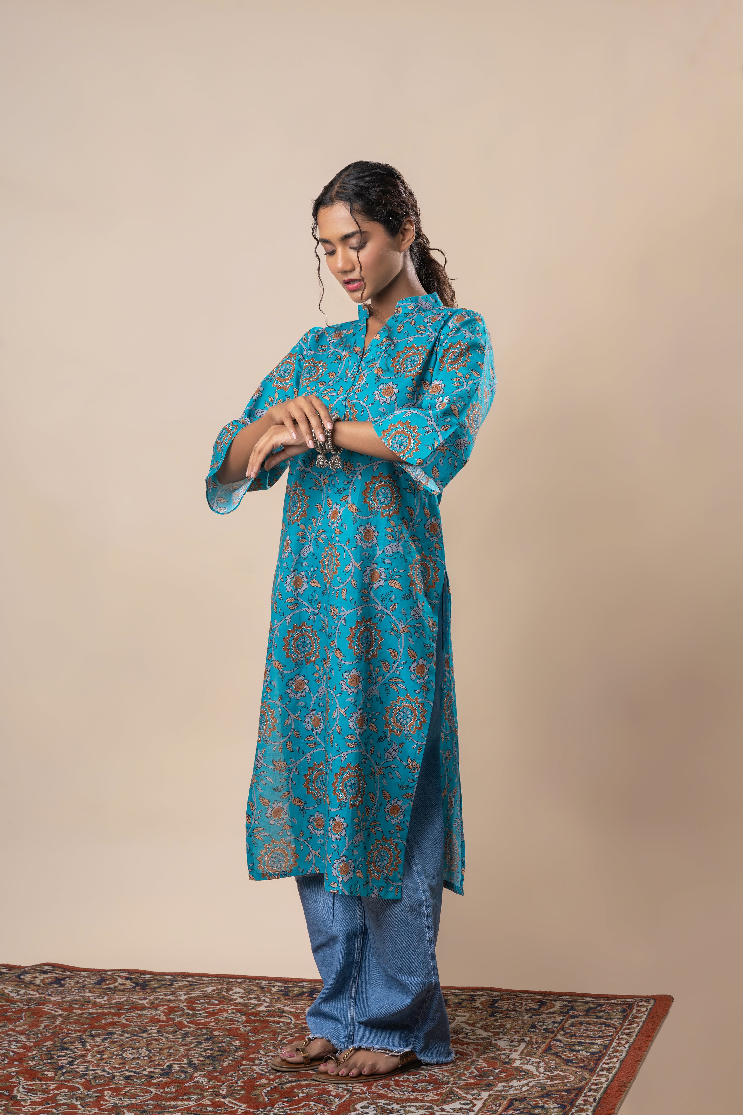 Pacific Blue Printed Pure Cotton Kurti