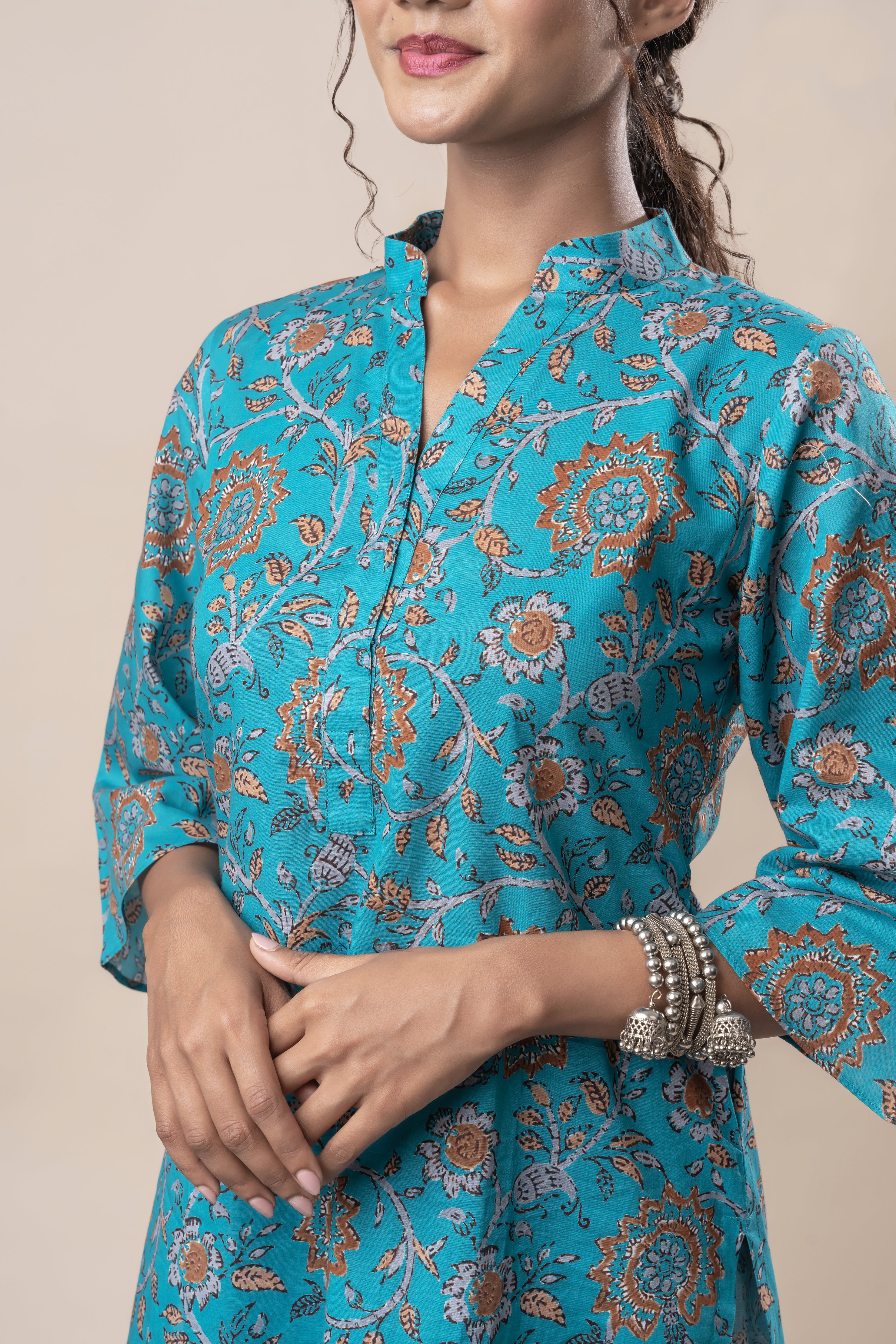 Pacific Blue Printed Pure Cotton Kurti