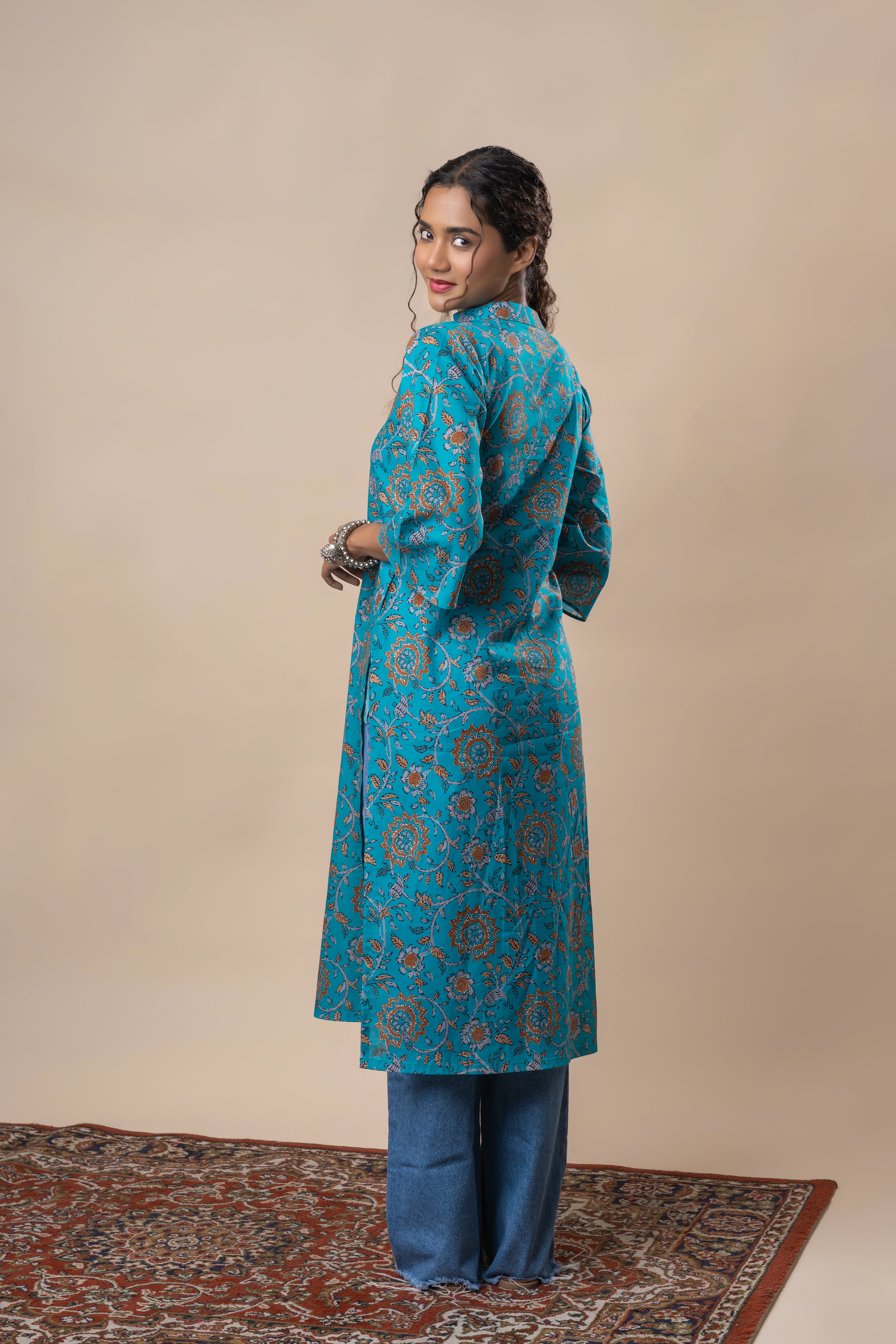 Pacific Blue Printed Pure Cotton Kurti