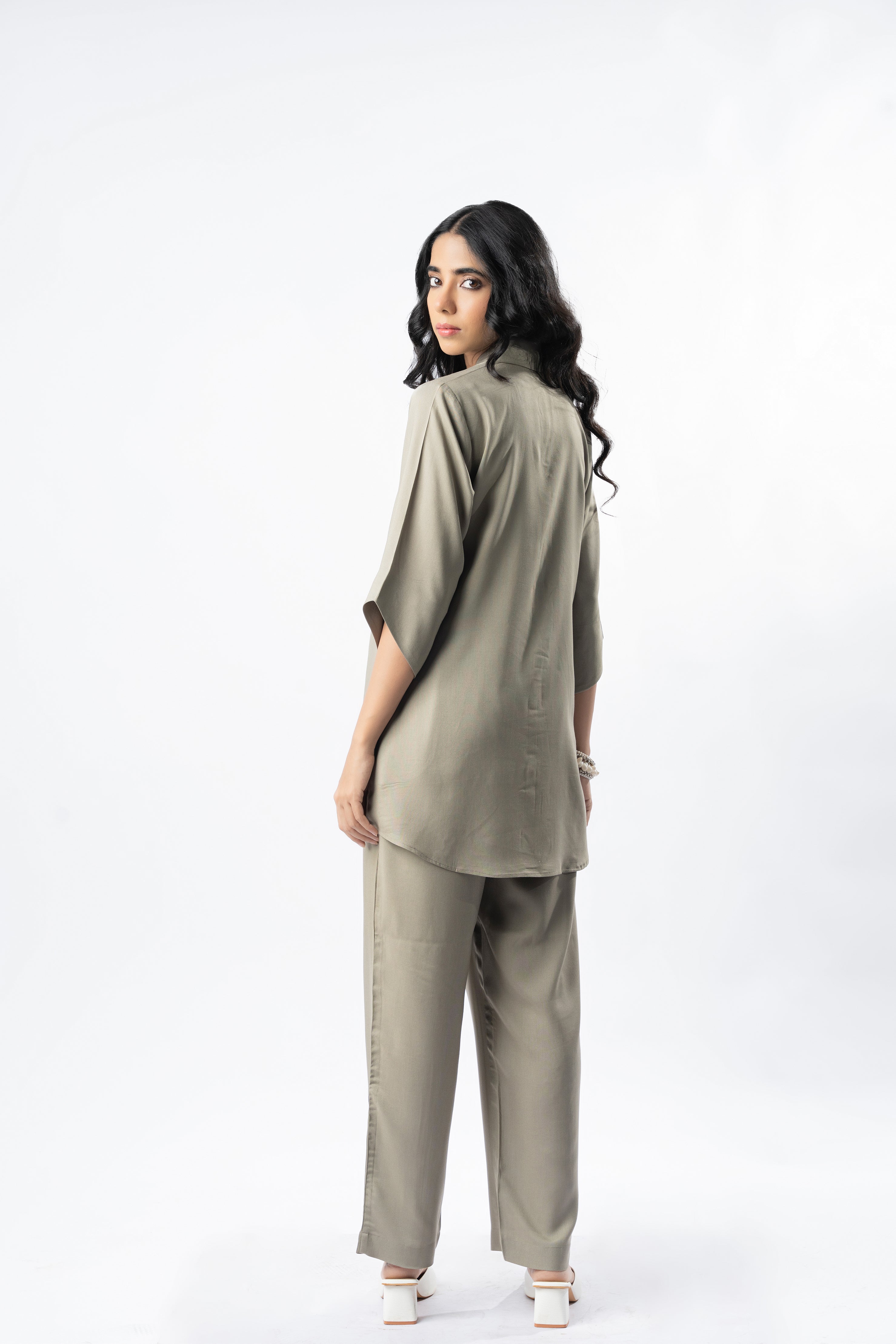 Light Mocha Shawl Collar Co-ord Set with Curved Sleeves