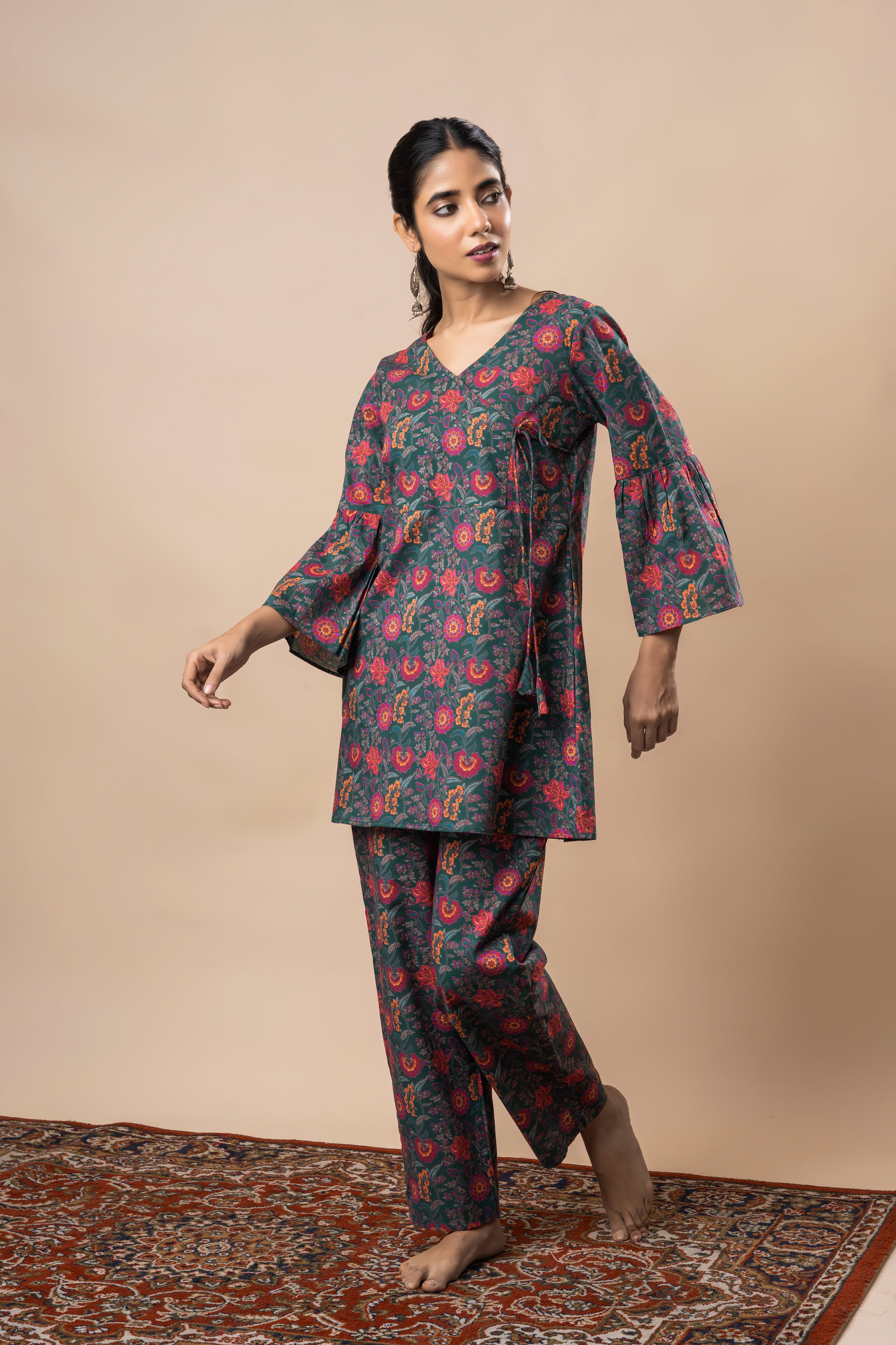 Green Block Printed Floral Pure Cotton Angrakha Co-ord Set