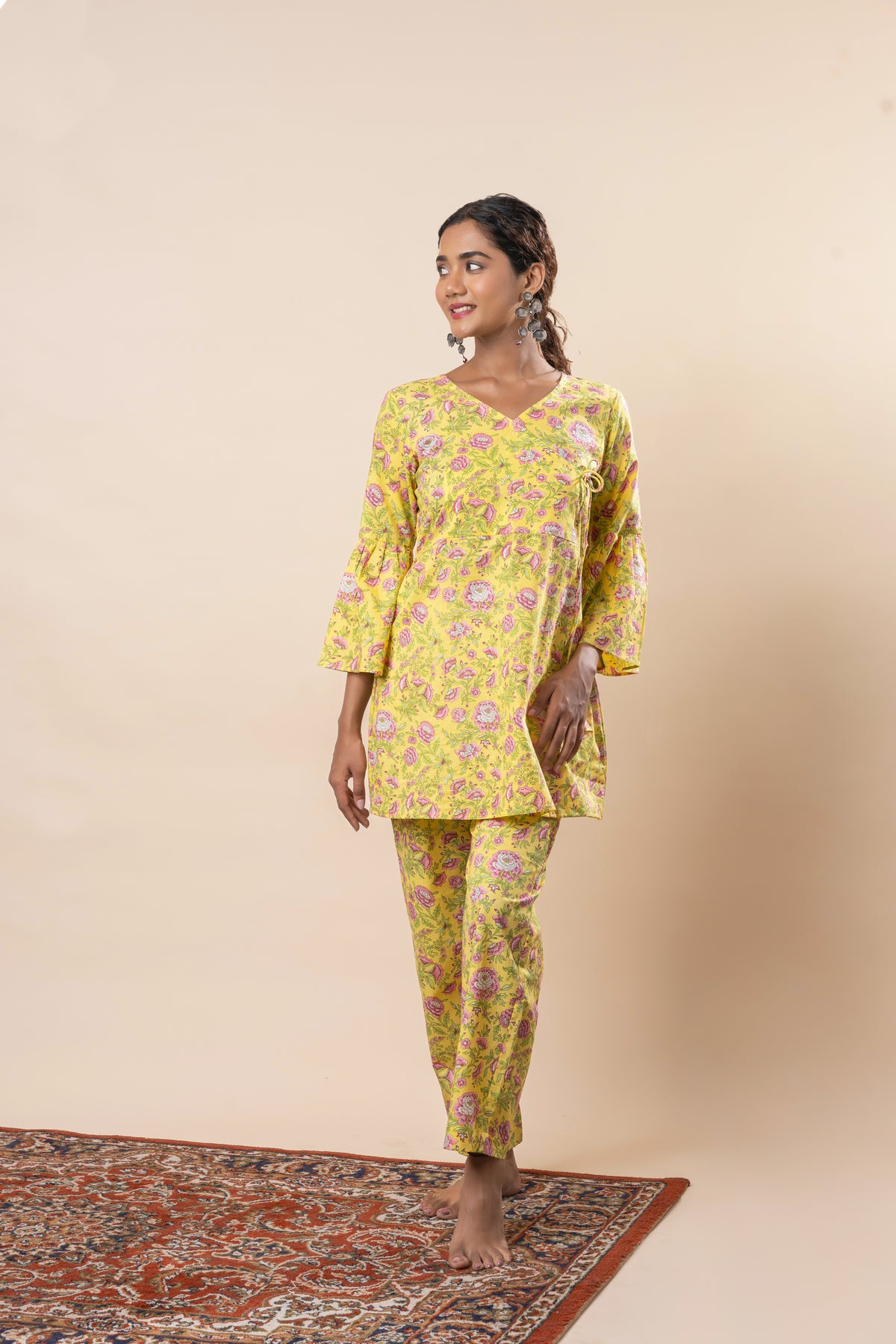 Yellow Printed Pure Cotton Angrakha Co-ord Set