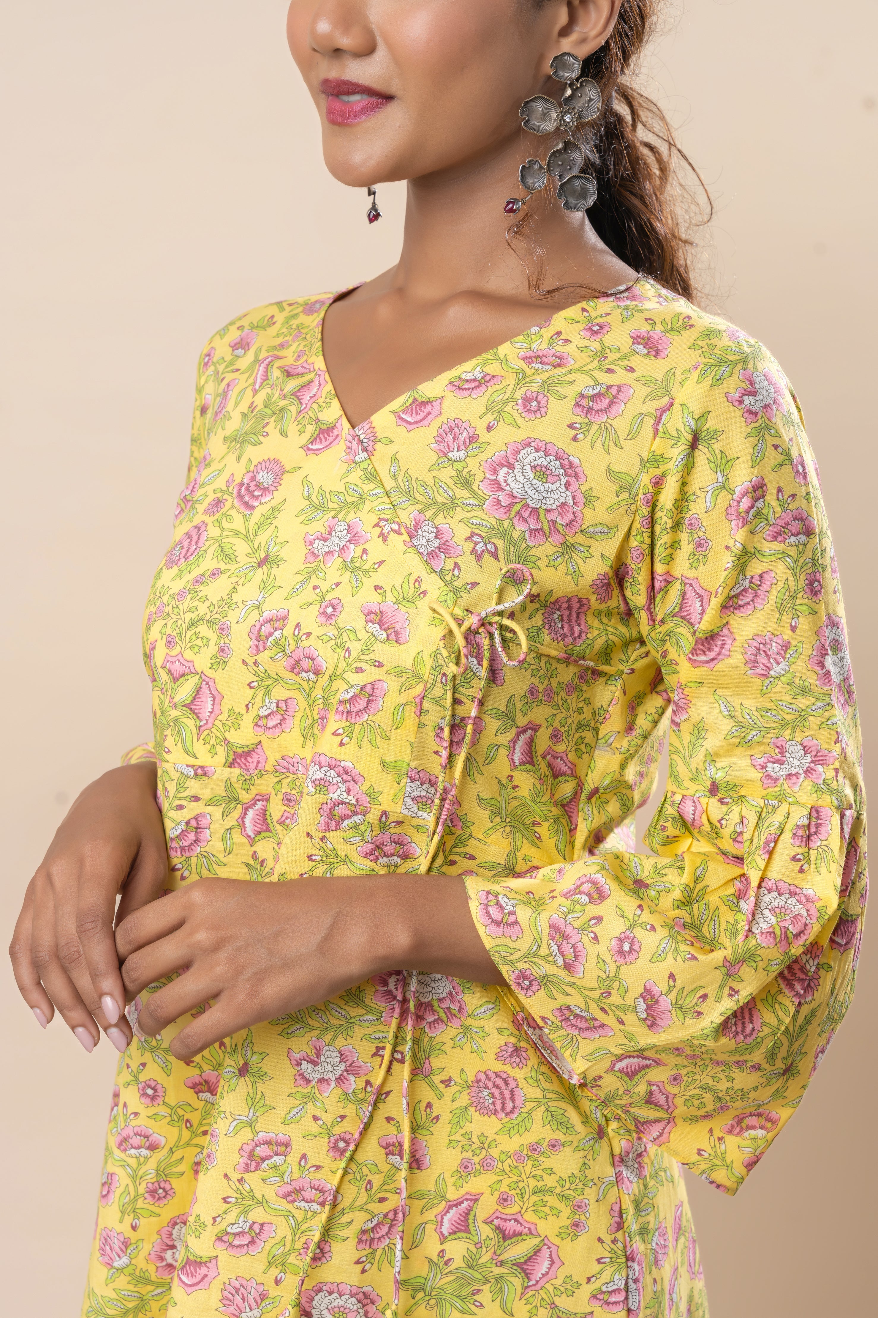 Yellow Printed Pure Cotton Angrakha Co-ord Set