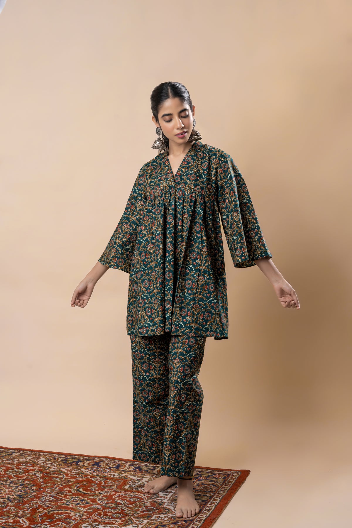 Green Ajrakh Block Printed Pure Cotton Flared Co-ord Set