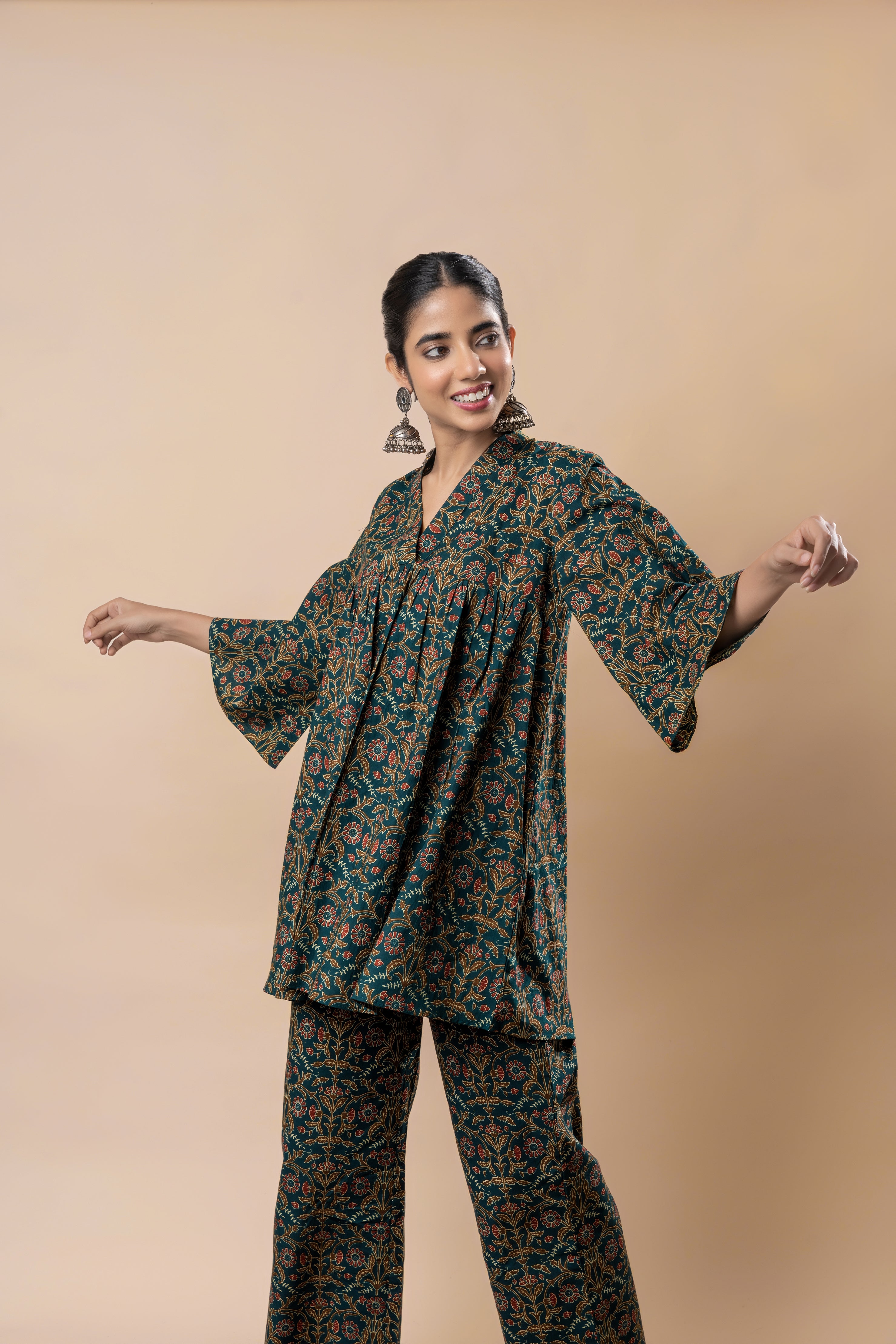 Green Ajrakh Block Printed Pure Cotton Flared Co-ord Set