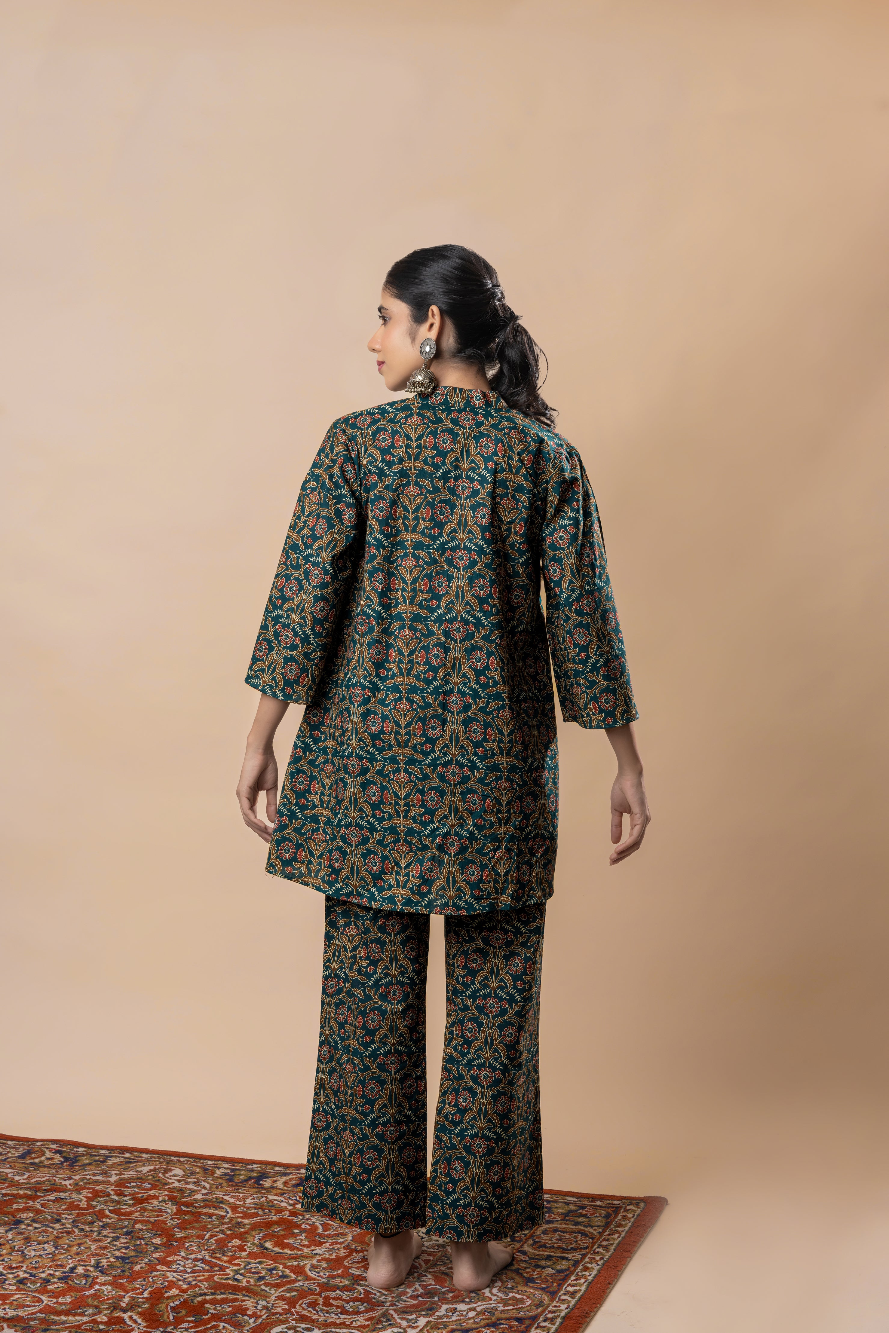 Green Ajrakh Block Printed Pure Cotton Flared Co-ord Set