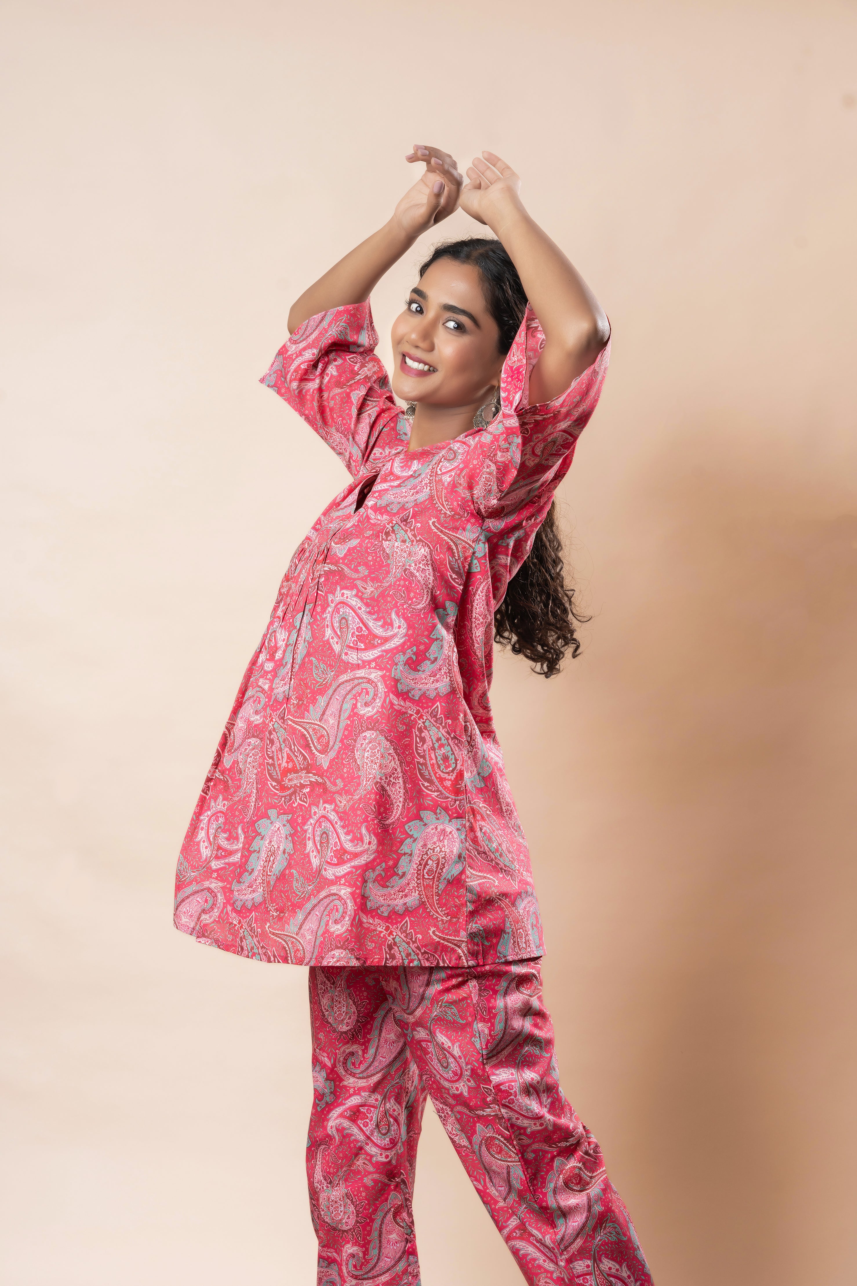 Pink Printed Pure Cotton A-Line Flared Top