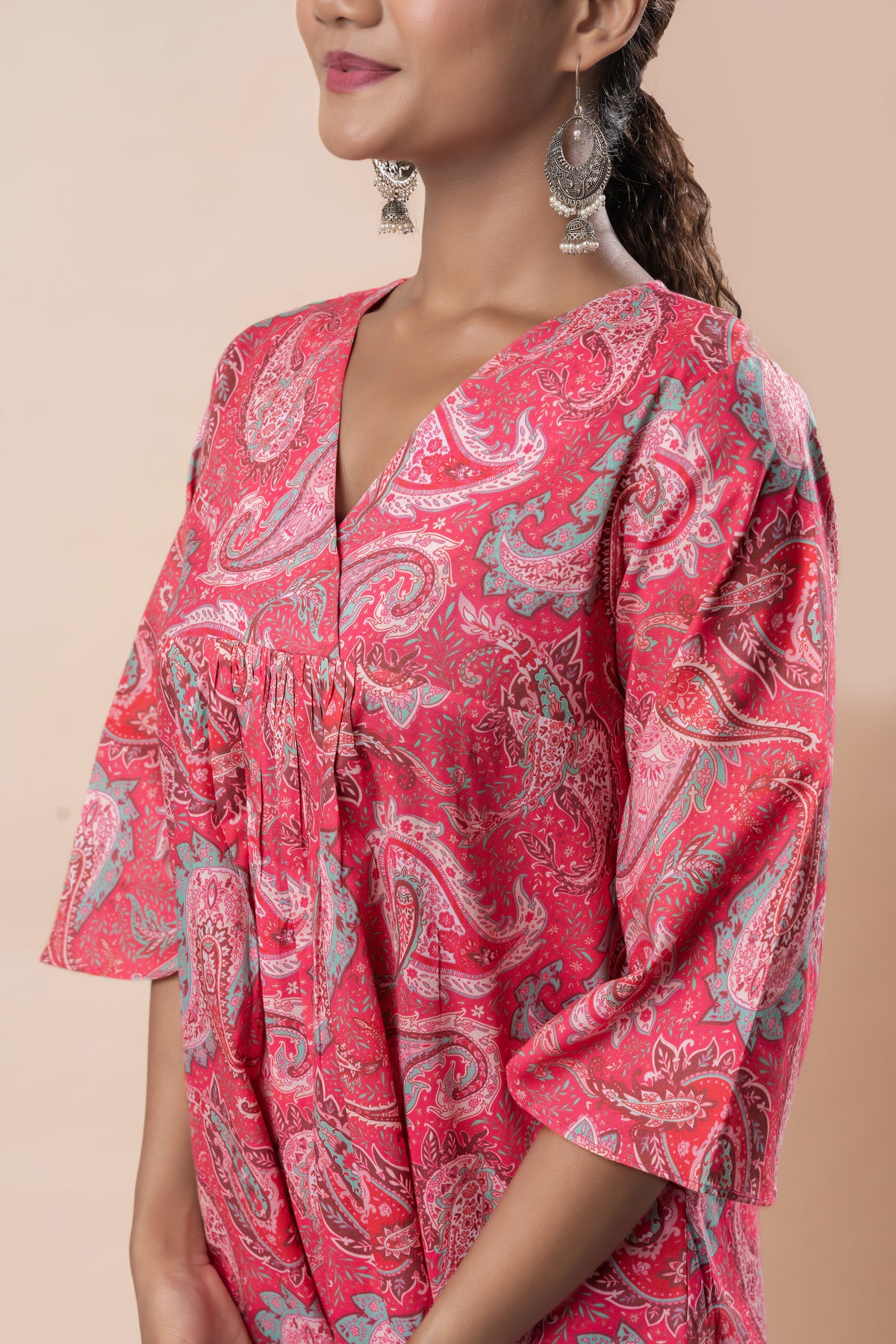 Pink Printed Pure Cotton A-Line Flared Top