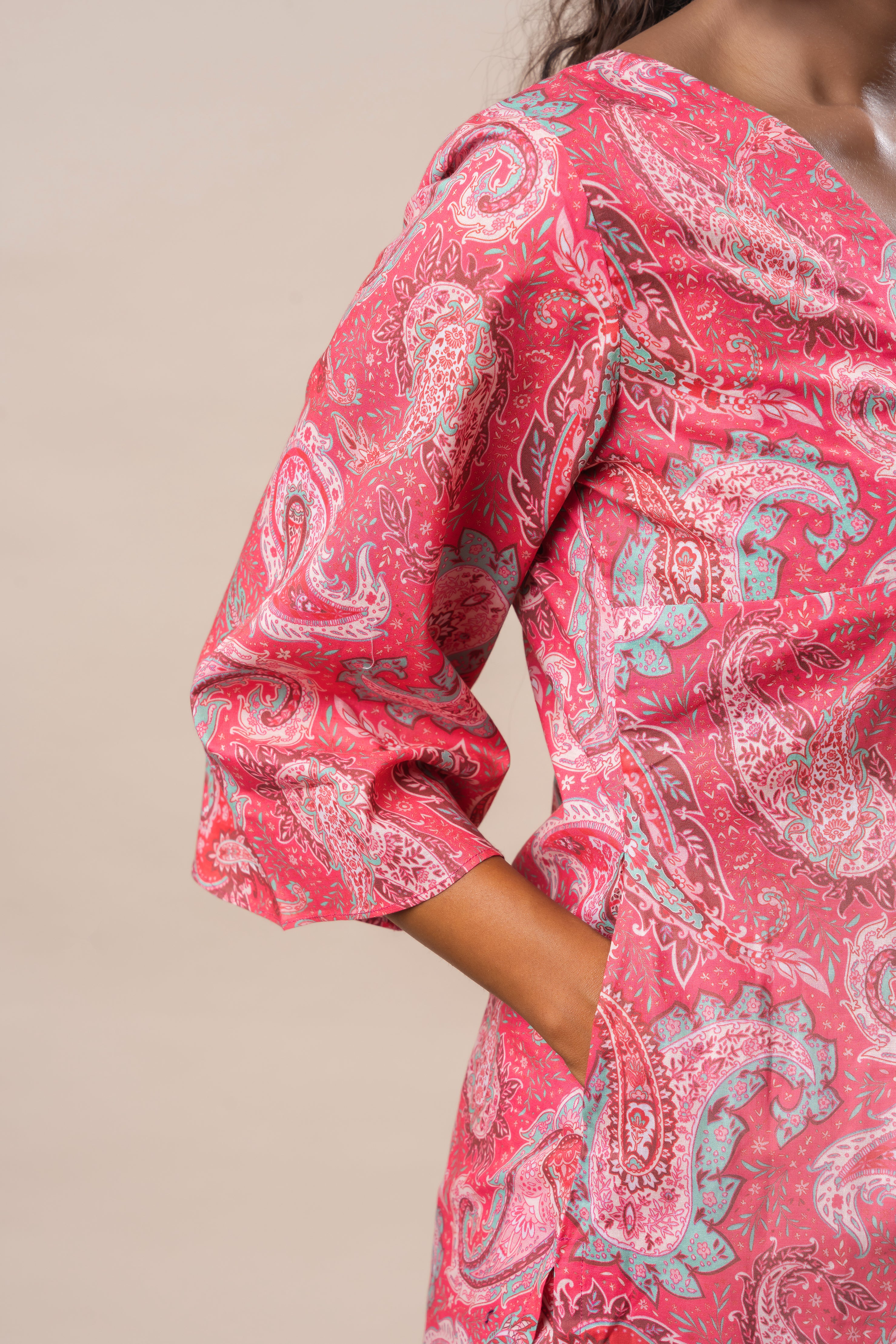 Pink Printed Pure Cotton A-Line Flared Kurti