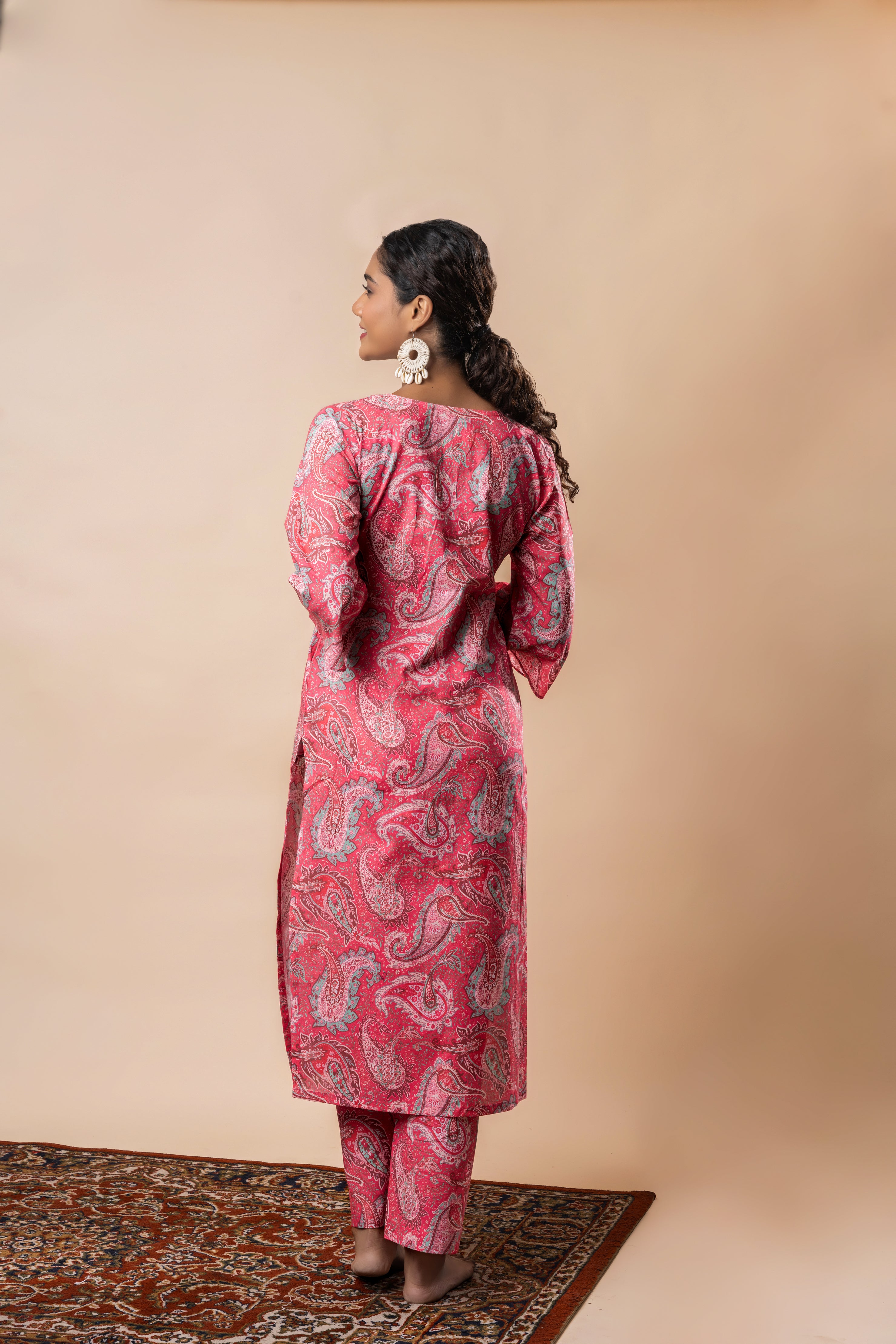 Pink Printed Pure Cotton A-Line Flared Kurta Set