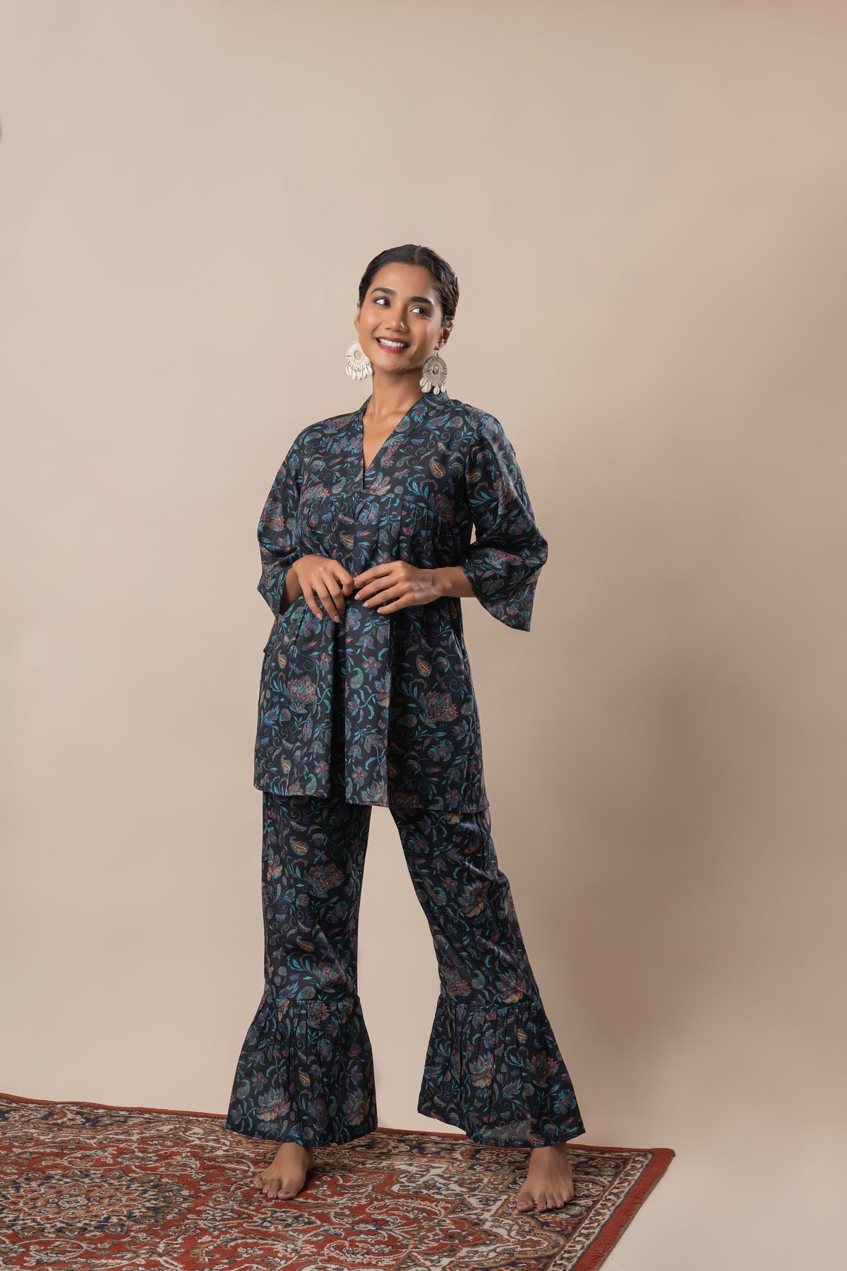 Black Floral Jaal Printed Pure Cotton V Neck Flared Co-ord Set