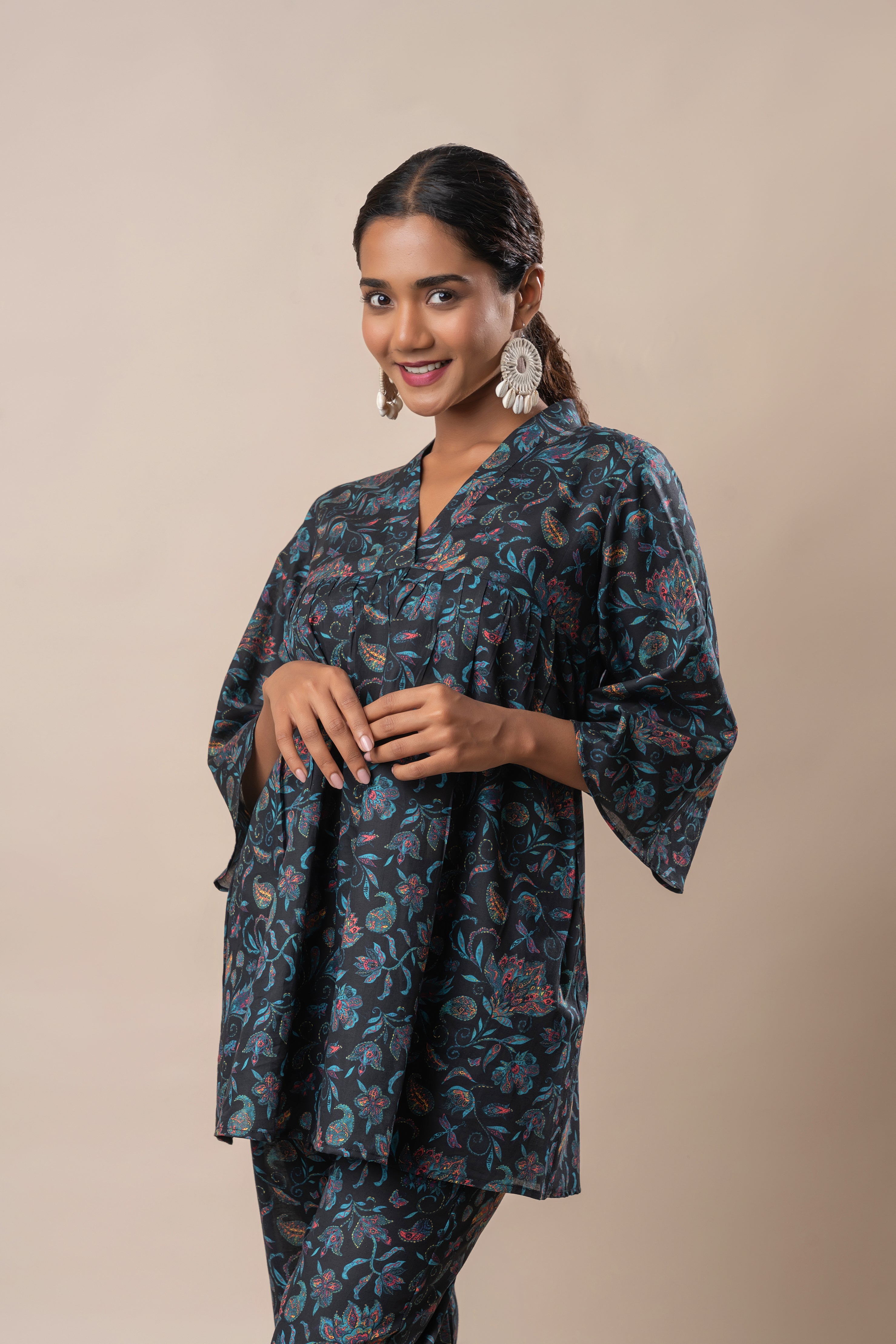 Black Floral Jaal Printed Pure Cotton V Neck Flared Co-ord Set