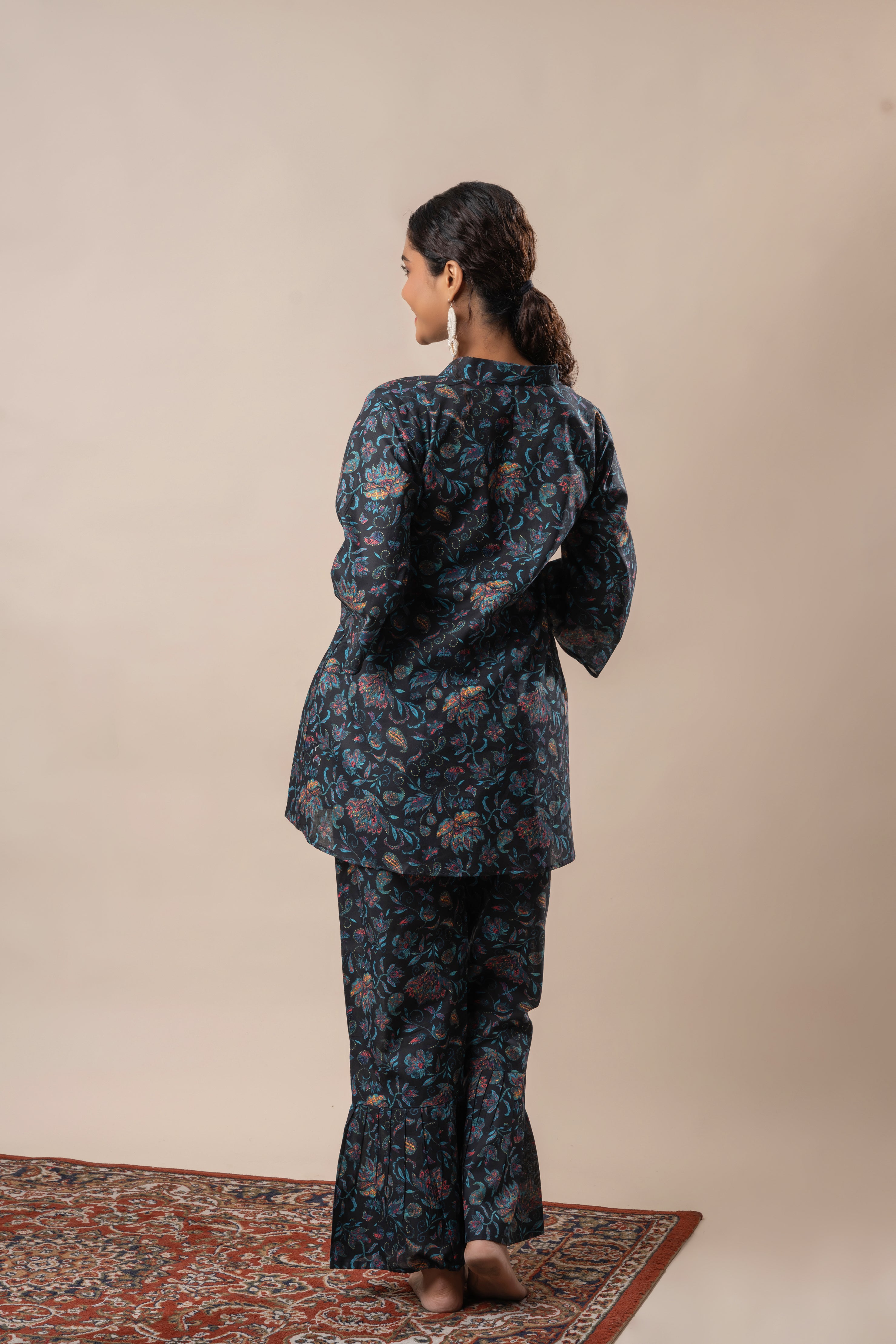 Black Floral Jaal Printed Pure Cotton V Neck Flared Co-ord Set