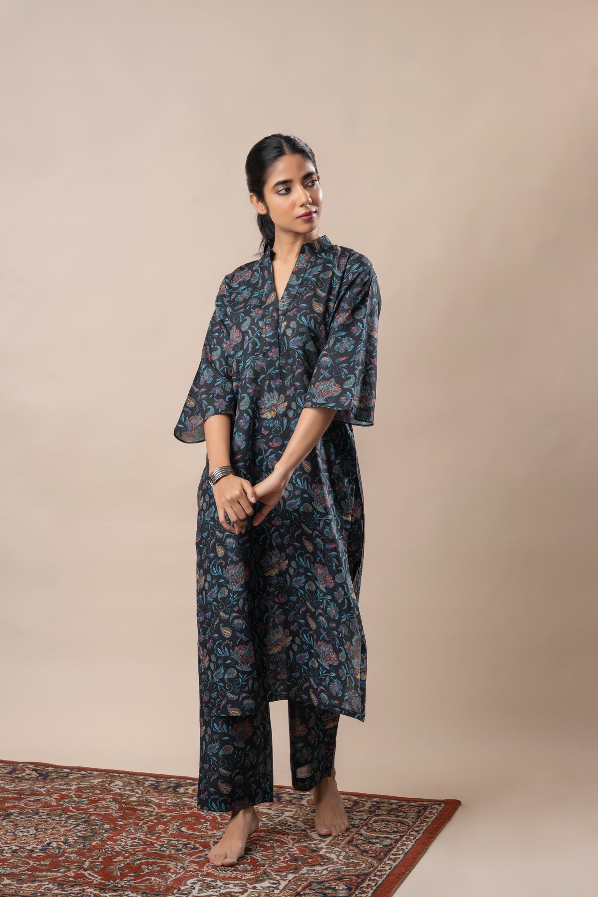 Black Floral Jaal Printed Pure Cotton Straight Kurta Set