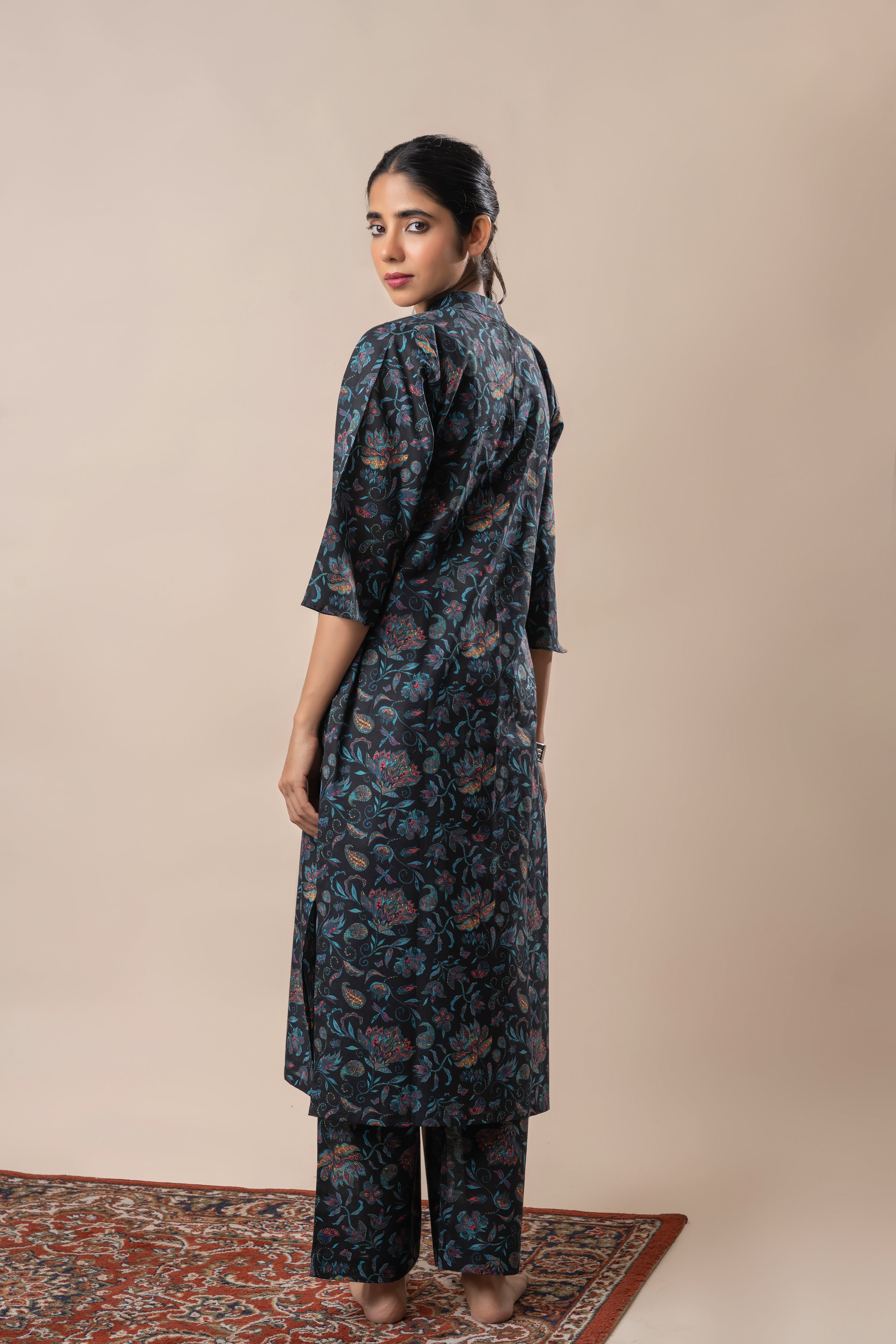 Black Floral Jaal Printed Pure Cotton Straight Kurta Set