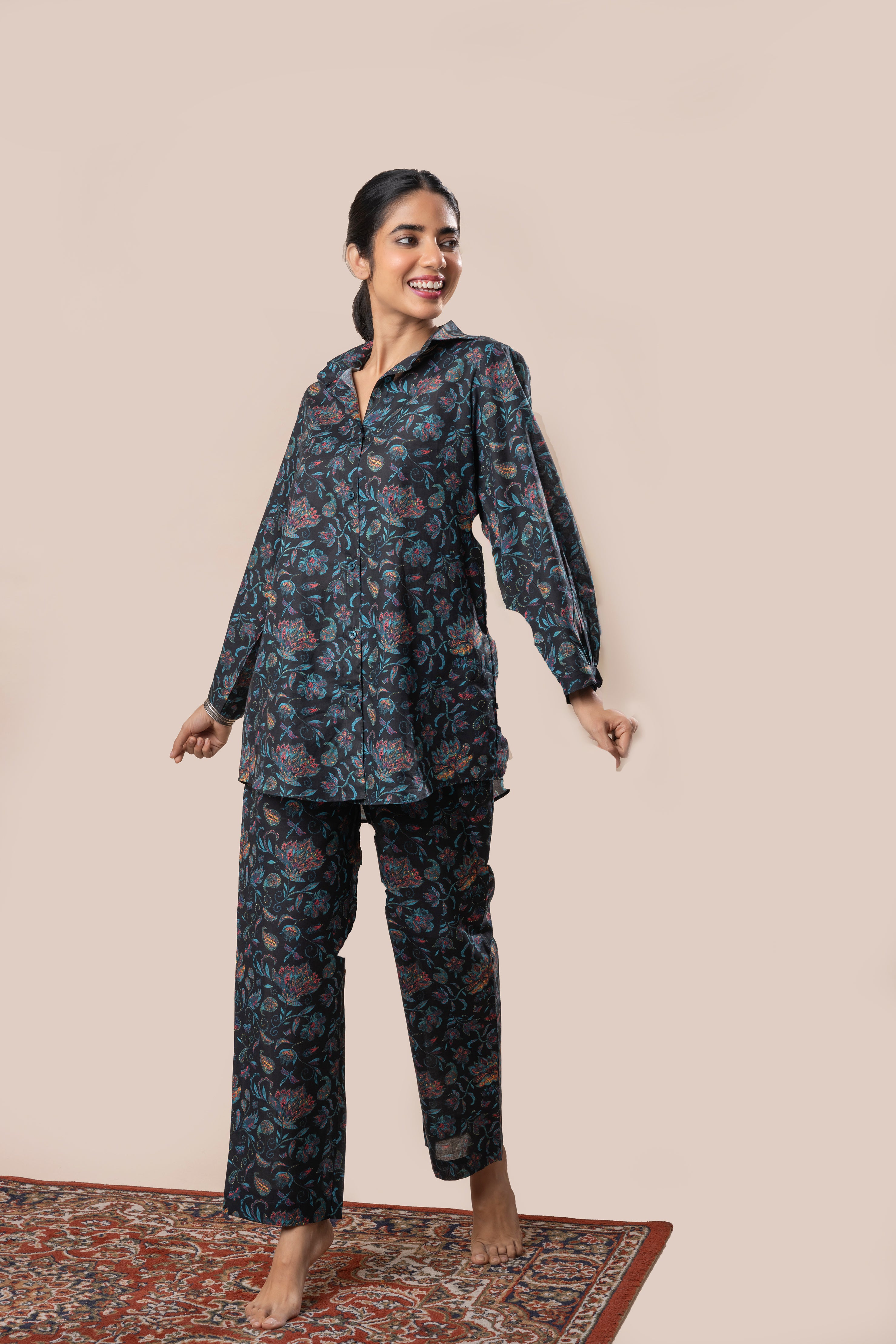 Black Floral Jaal Printed Pure Cotton Shirt with Coconut Shell Buttons