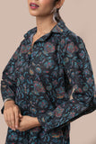 Black Floral Jaal Printed Pure Cotton Shirt with Coconut Shell Buttons