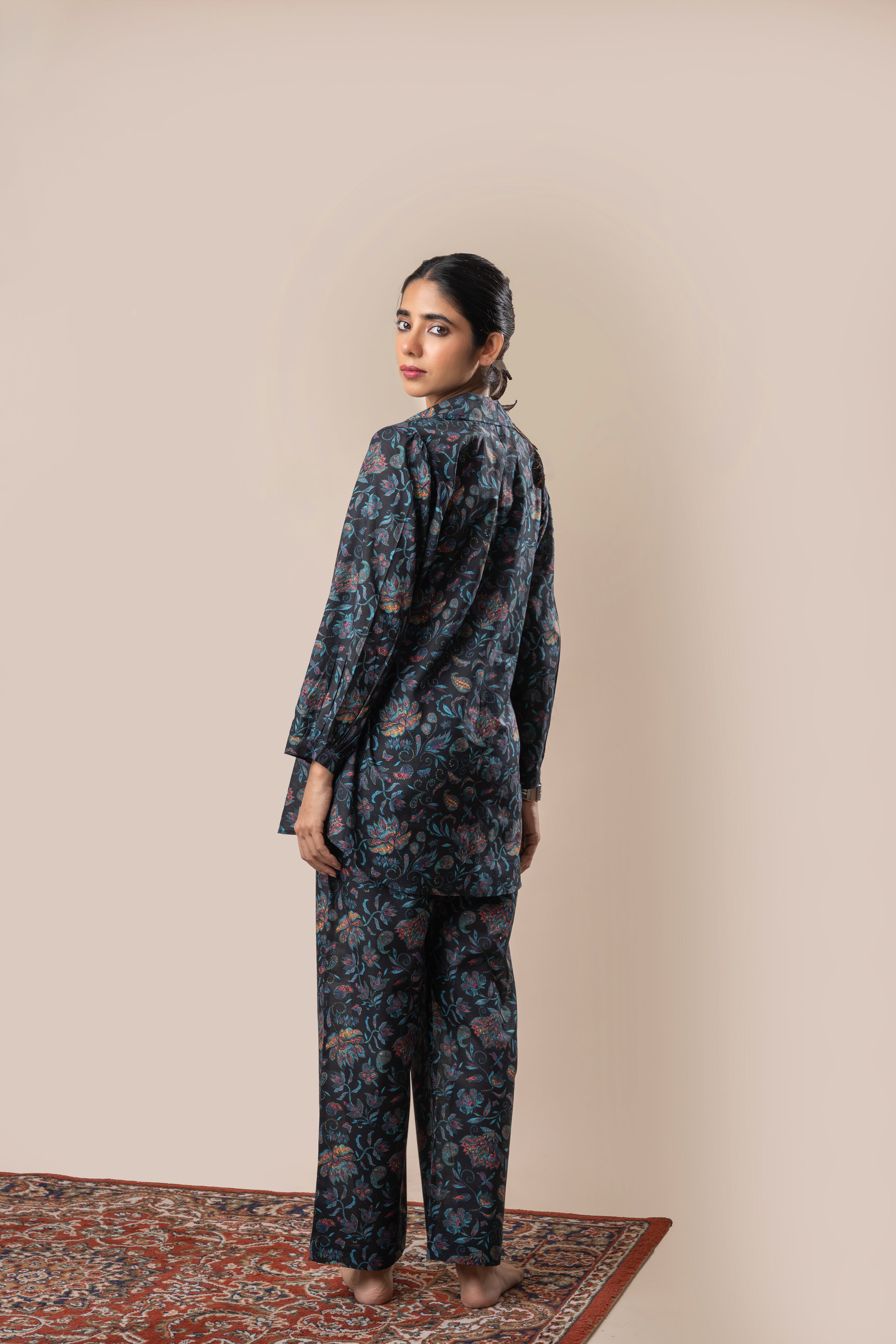 Black Floral Jaal Printed Pure Cotton Shirt with Coconut Shell Buttons