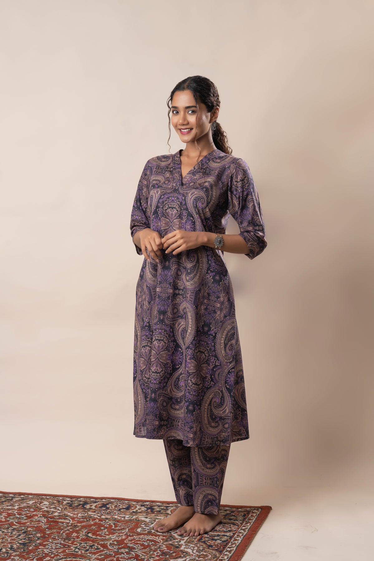 Purple Printed Pure Cotton A Line Flared Dress with Pants