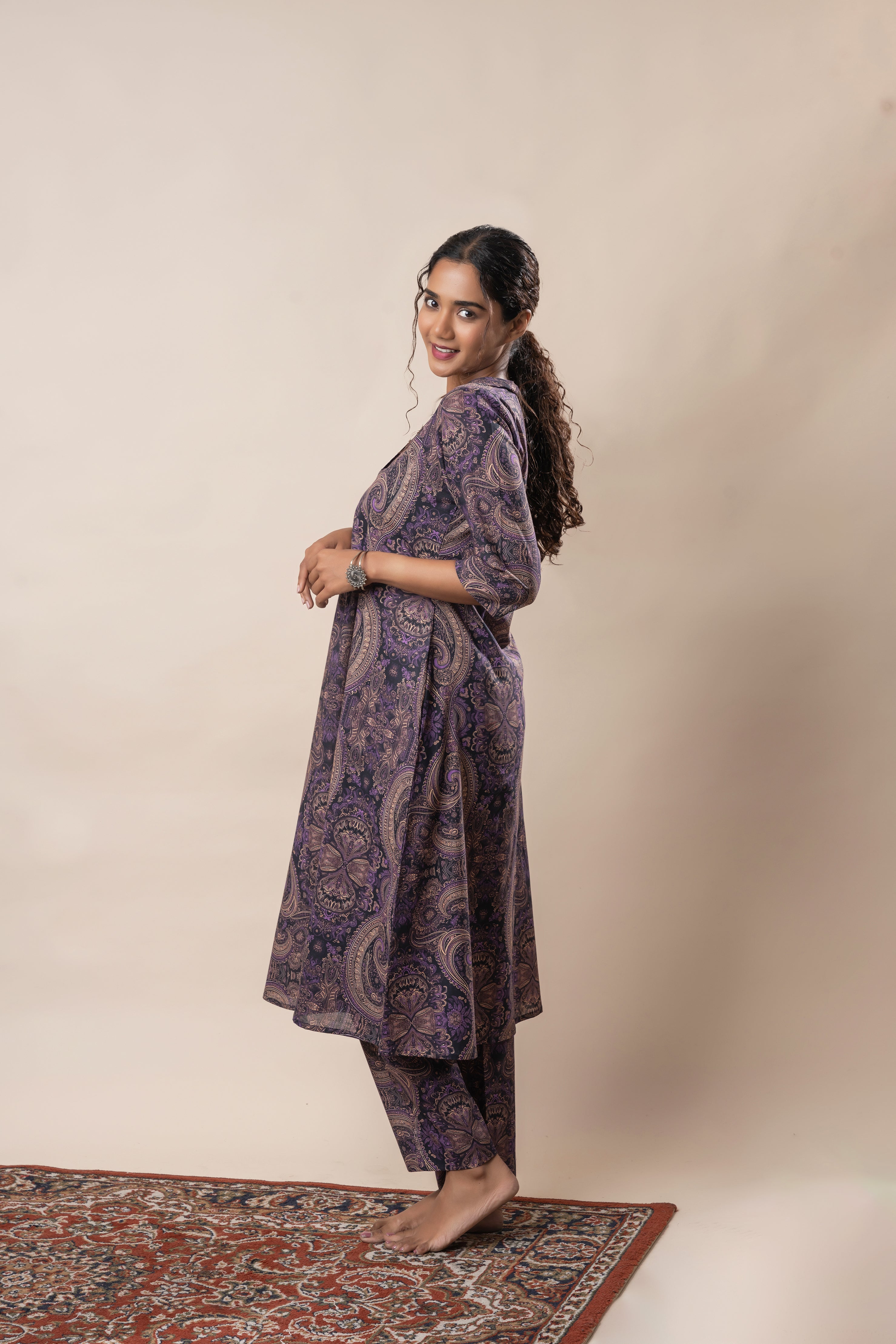 Purple Printed Pure Cotton A Line Flared Dress with Pants