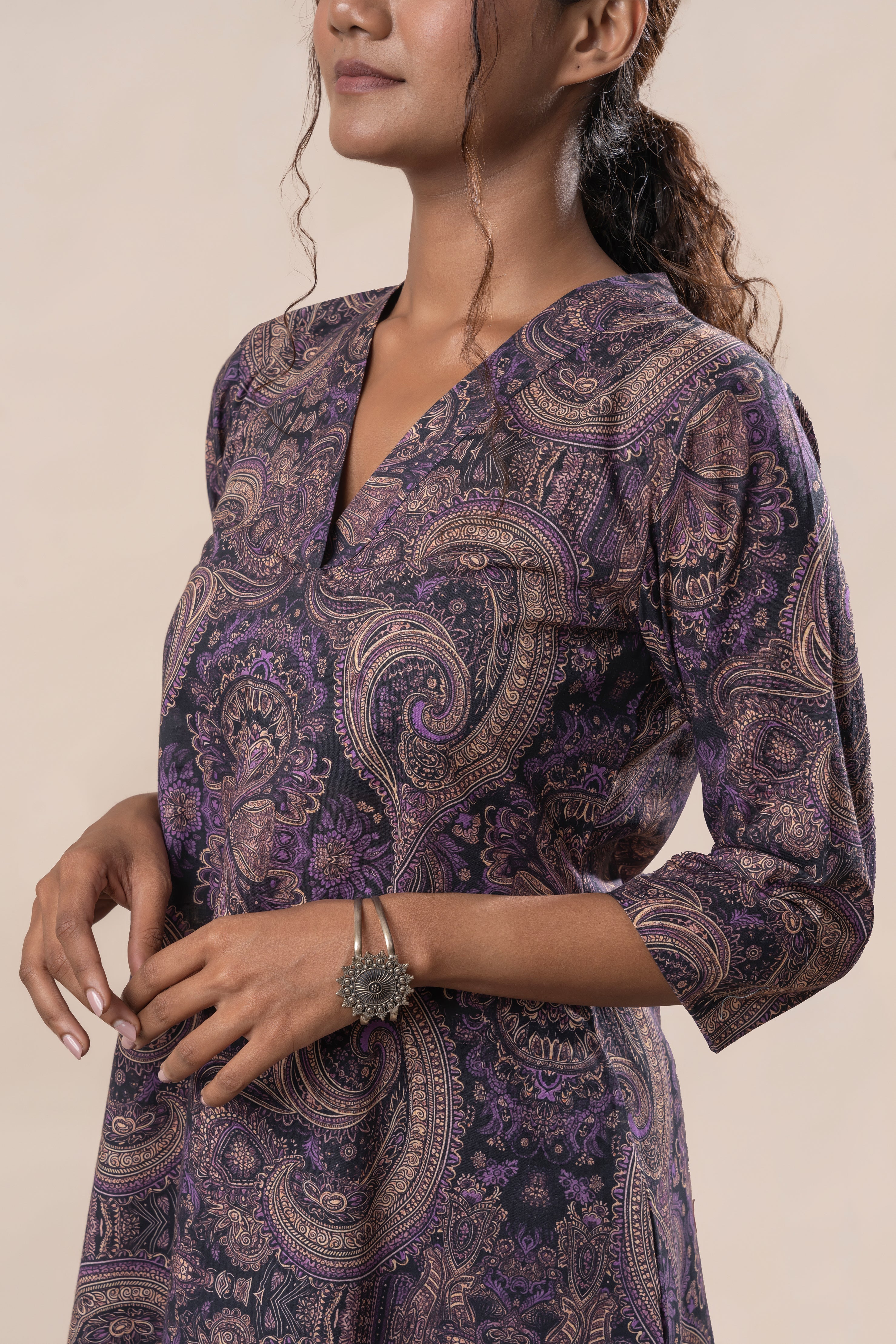 Purple Printed Pure Cotton A Line Flared Dress