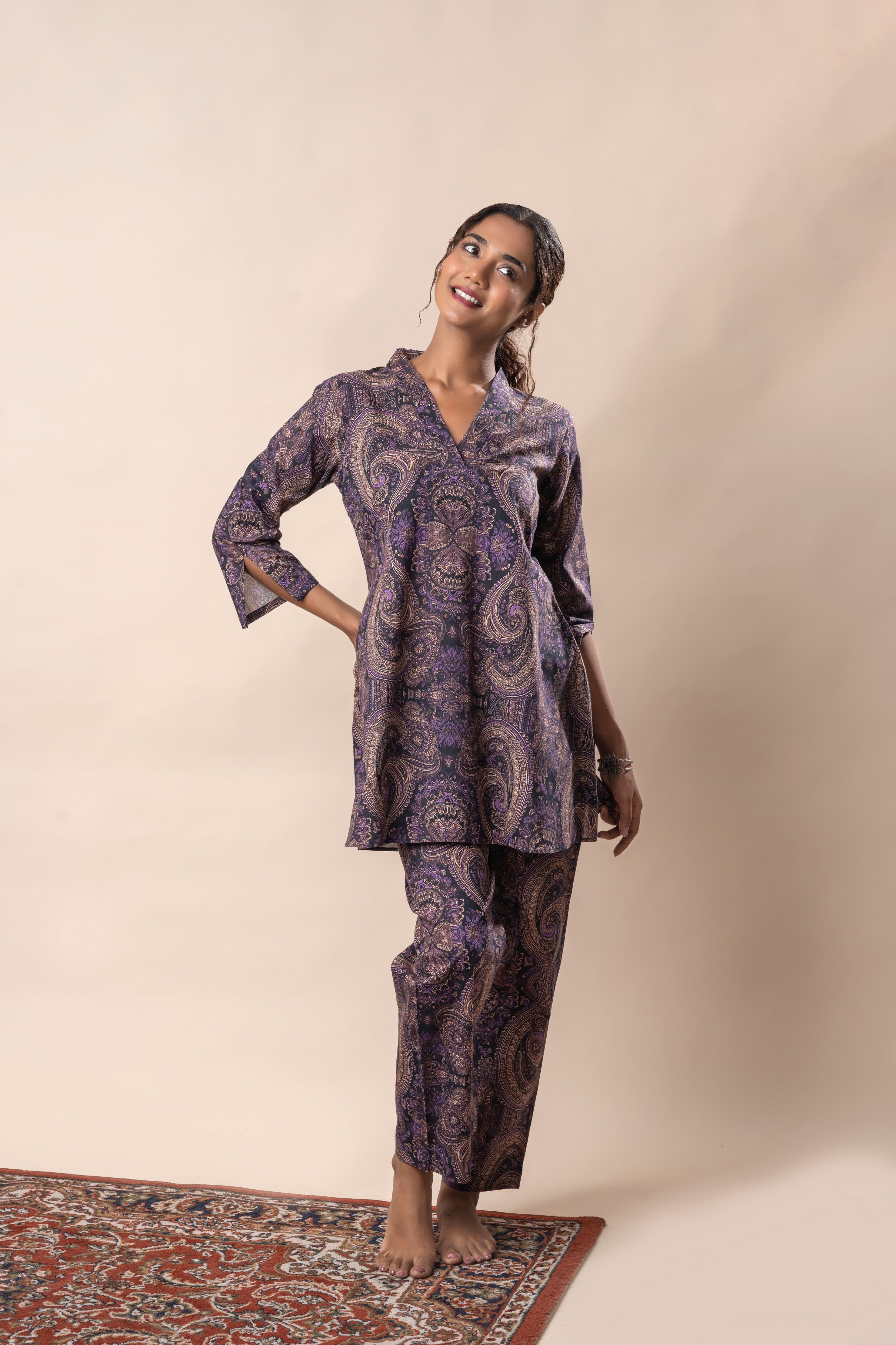 Purple Printed Pure Cotton Flared Co-ord Set