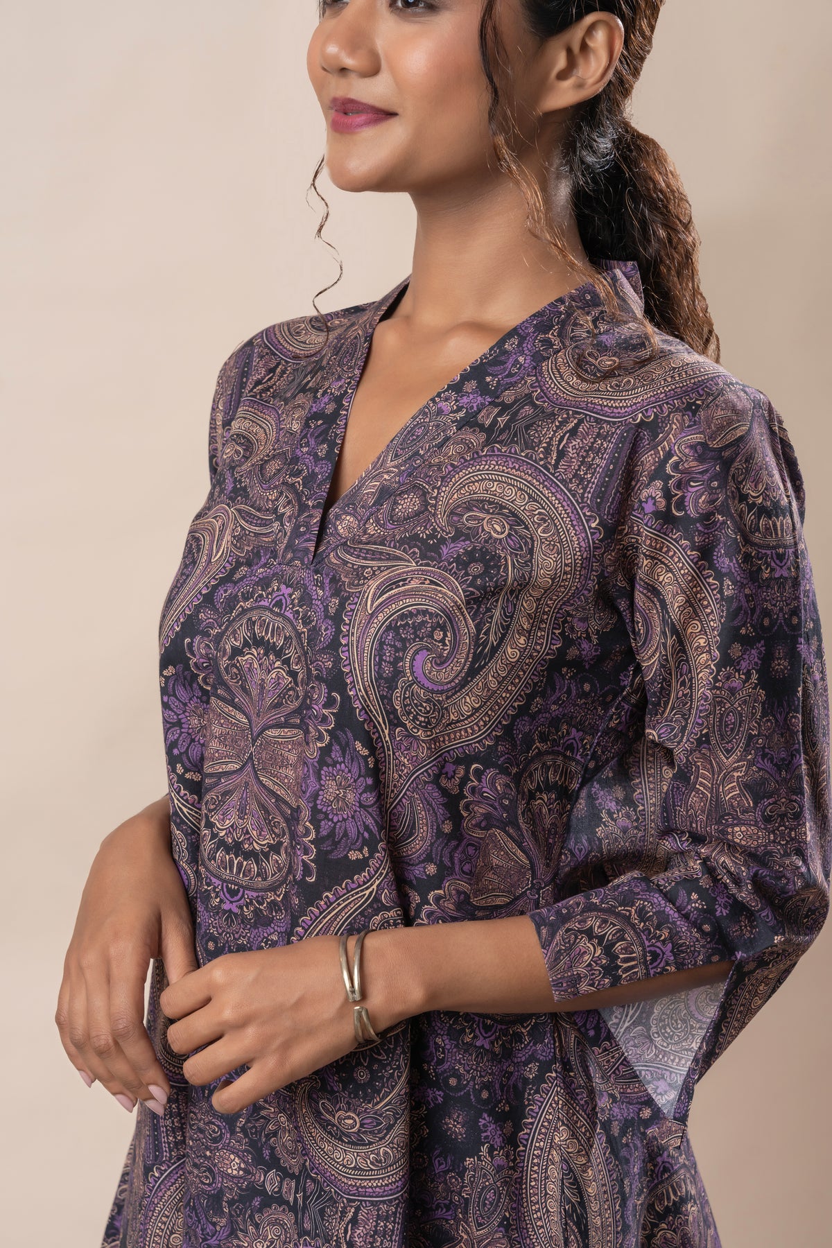 Purple Printed Pure Cotton Flared Top