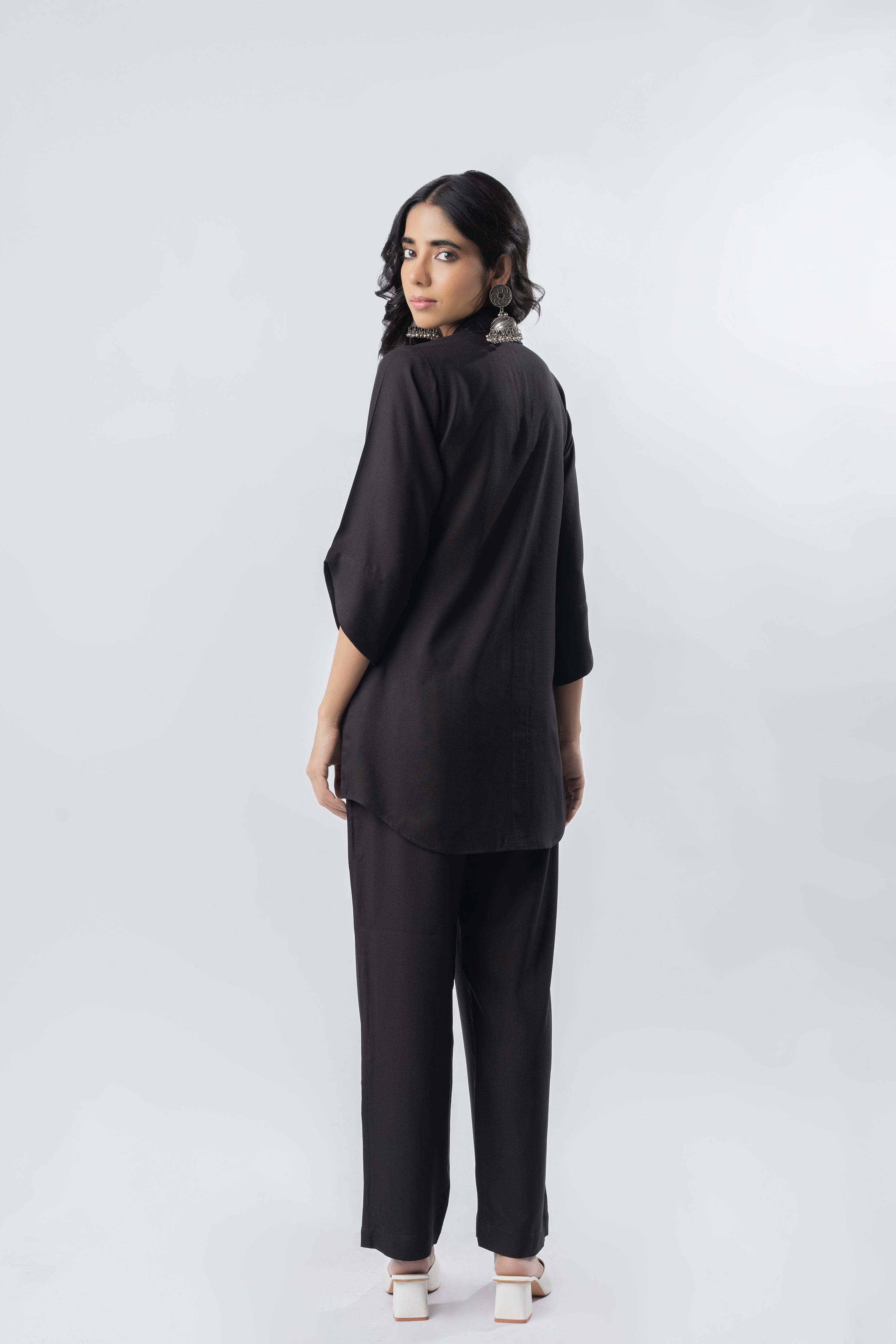 Black Shawl Collar Shirt with Curved Sleeves