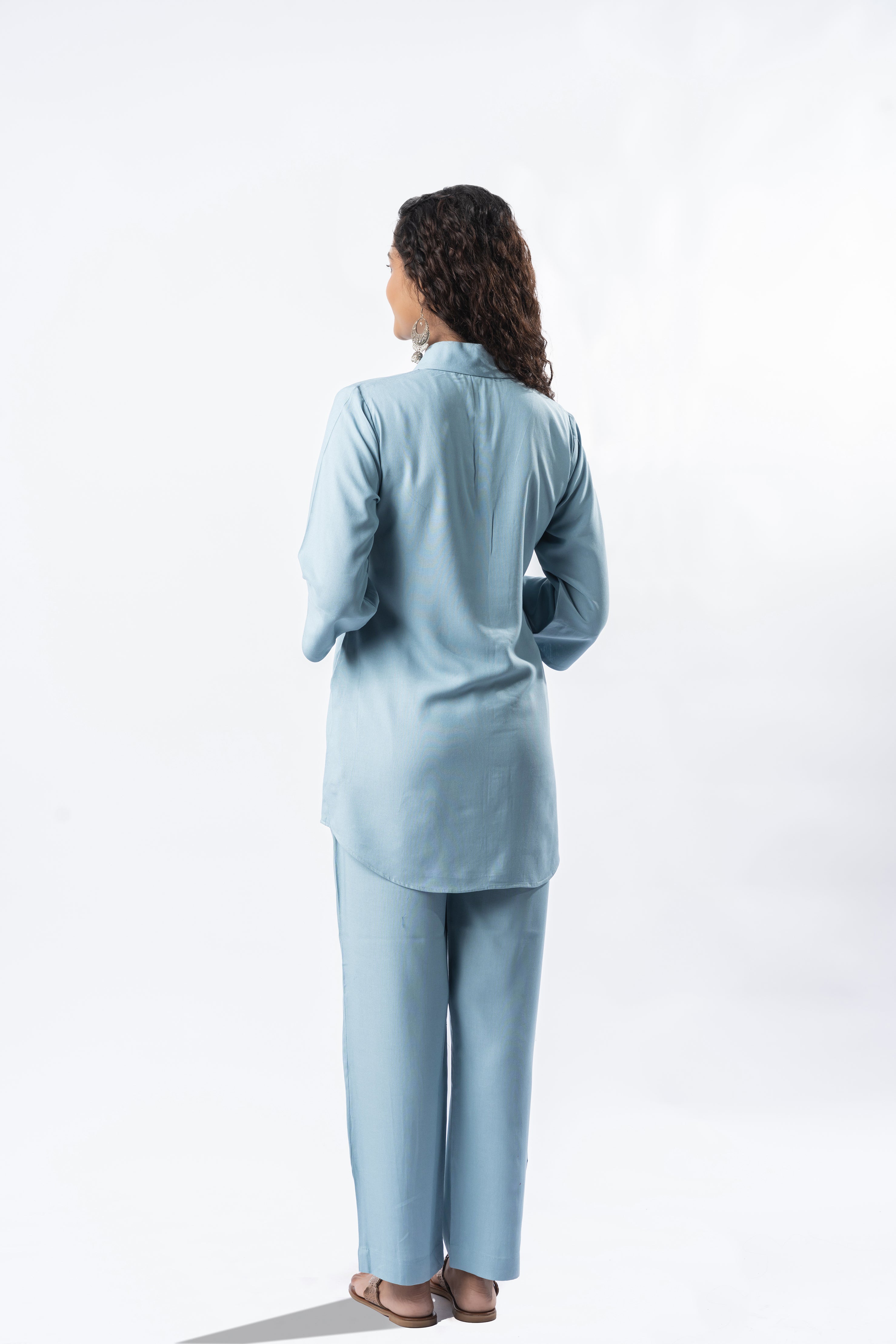 Light Blue Shawl Collar Co-ord Set with Curved Sleeves