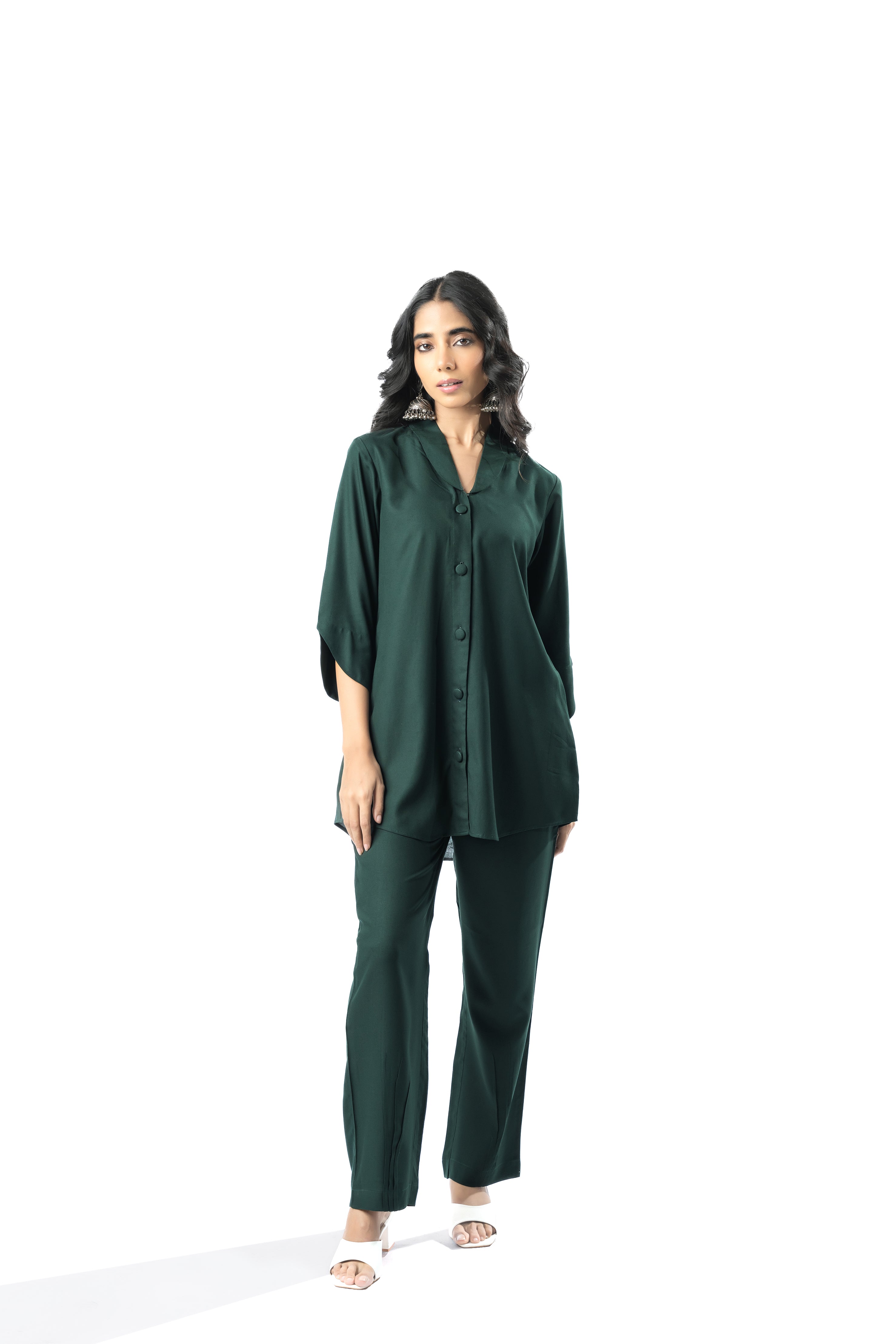 Green Shawl Collar Shirt with Curved Sleeves