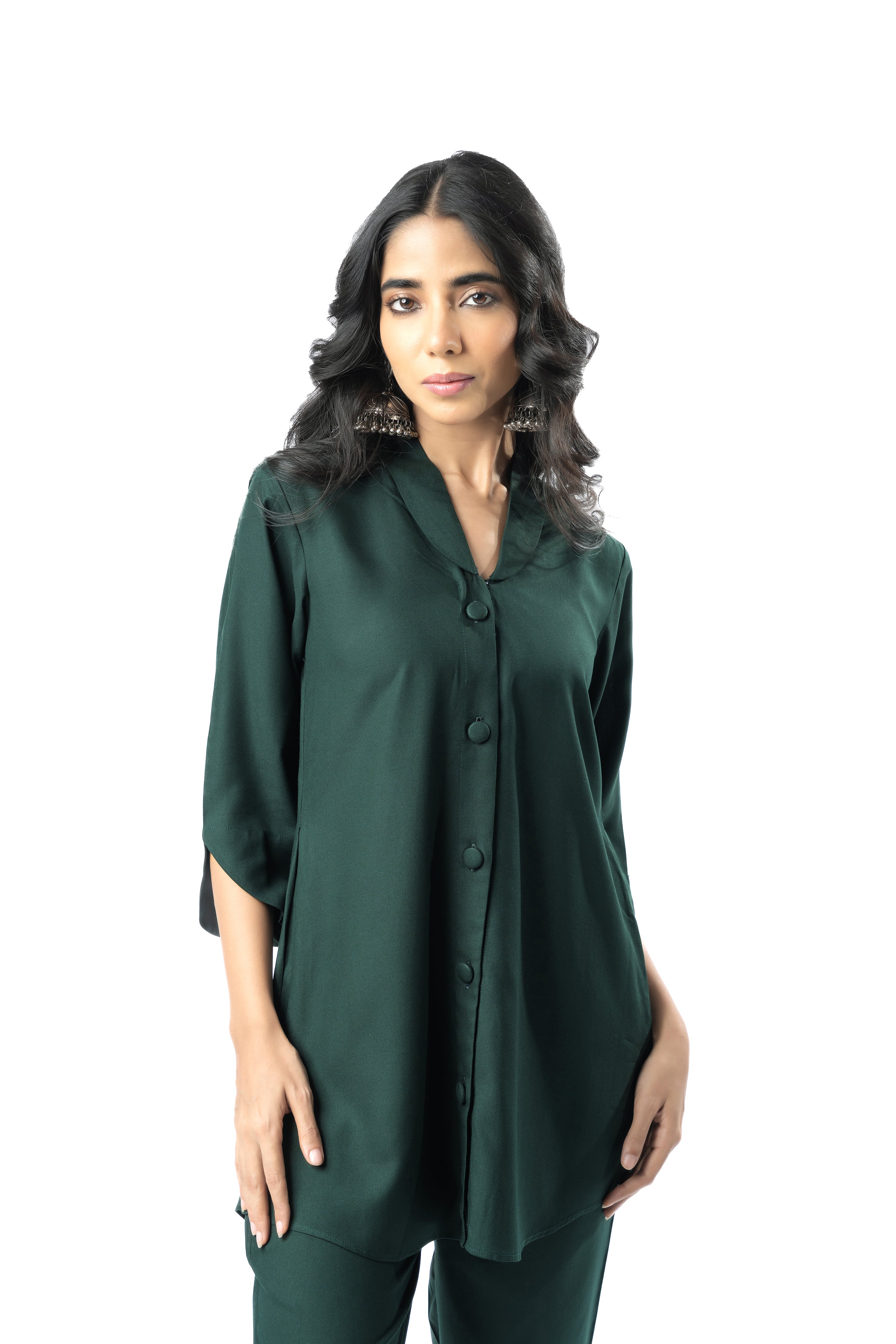 Green Shawl Collar Co-ord Set with Curved Sleeves