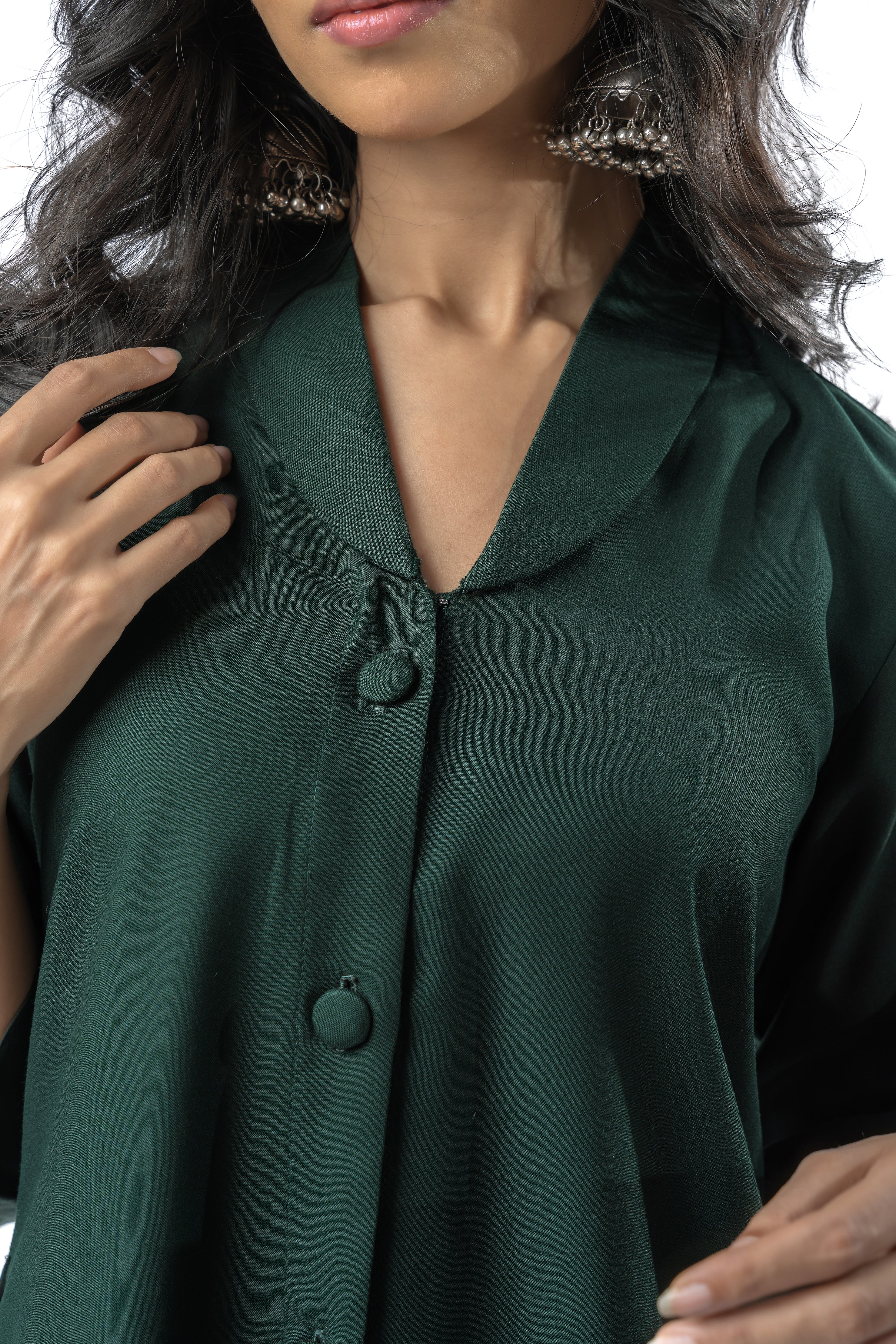 Green Shawl Collar Shirt with Curved Sleeves