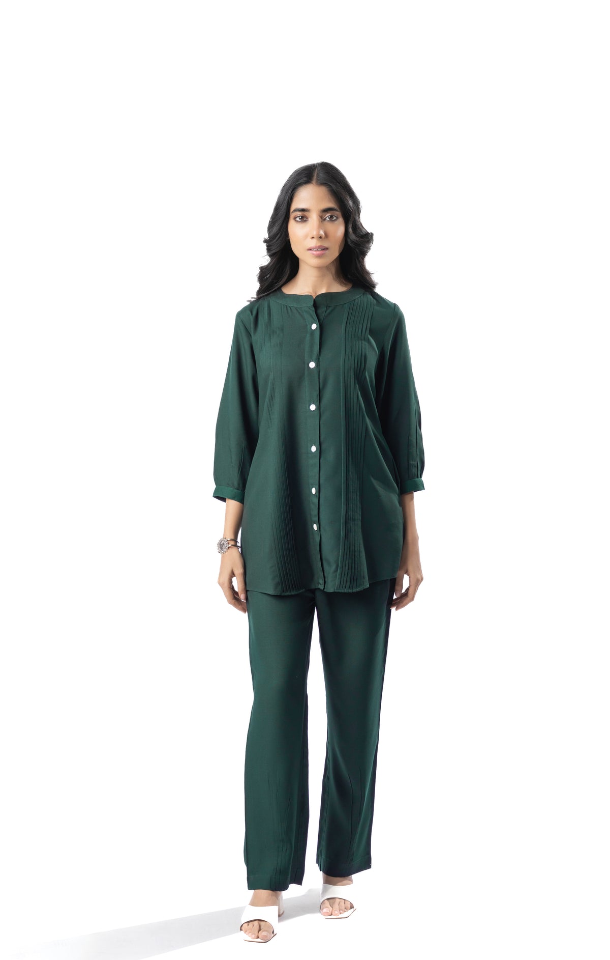 Green Pleated Band Collar Straight Fit Co-ord Set