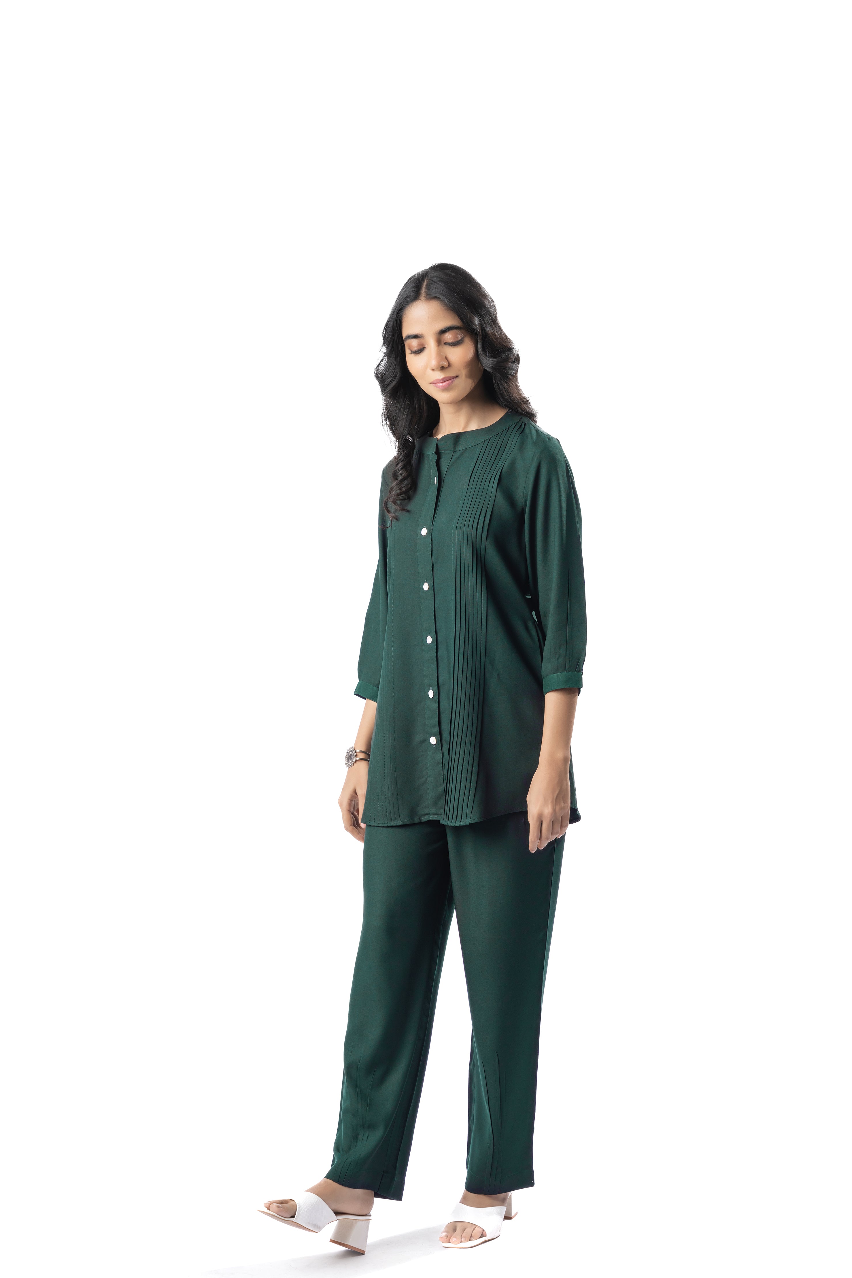 Green Pleated Band Collar Straight Fit Co-ord Set