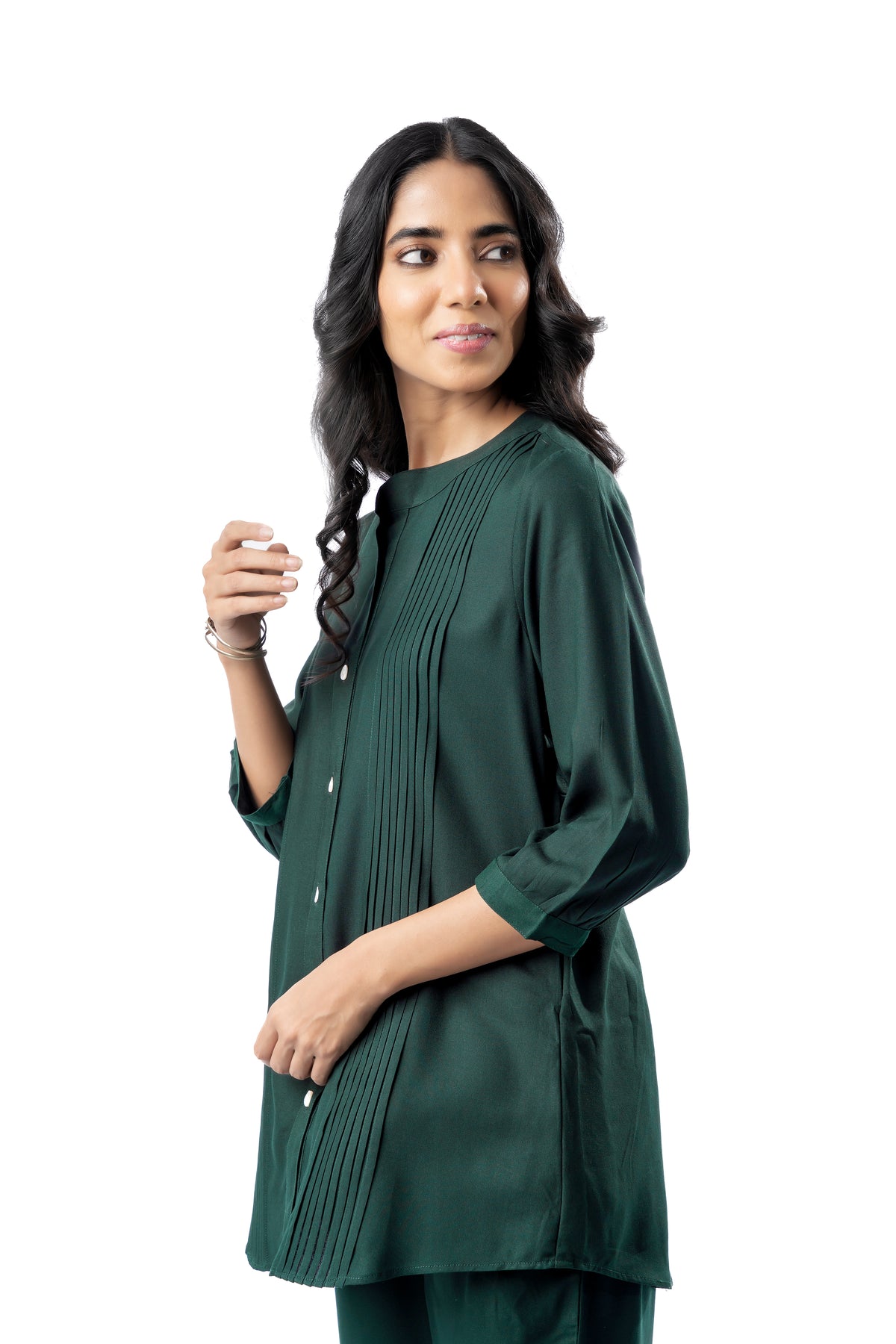 Green Pleated Band Collar Straight Fit Shirt