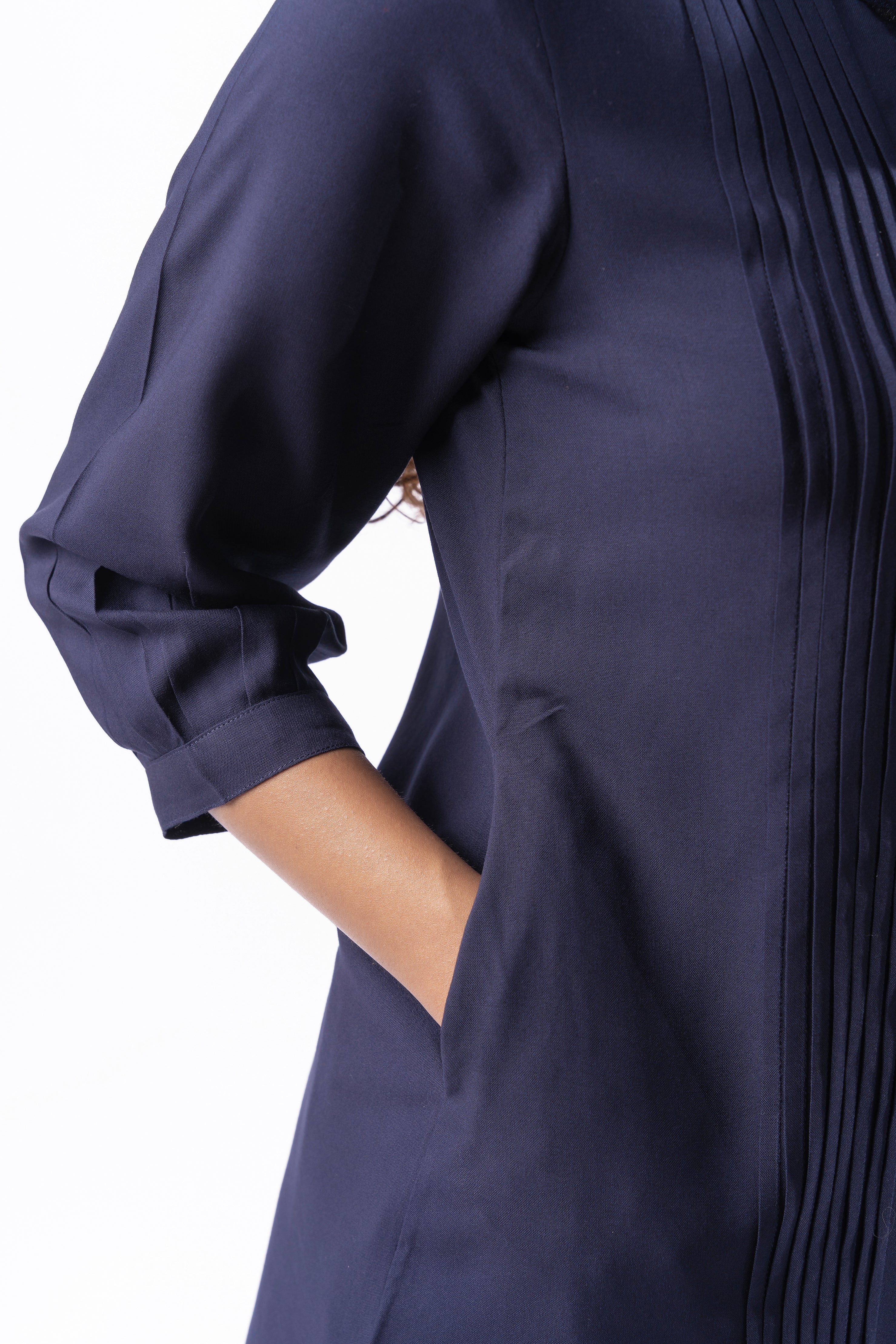 Navy Blue Pleated Band Collar Co-ord Set