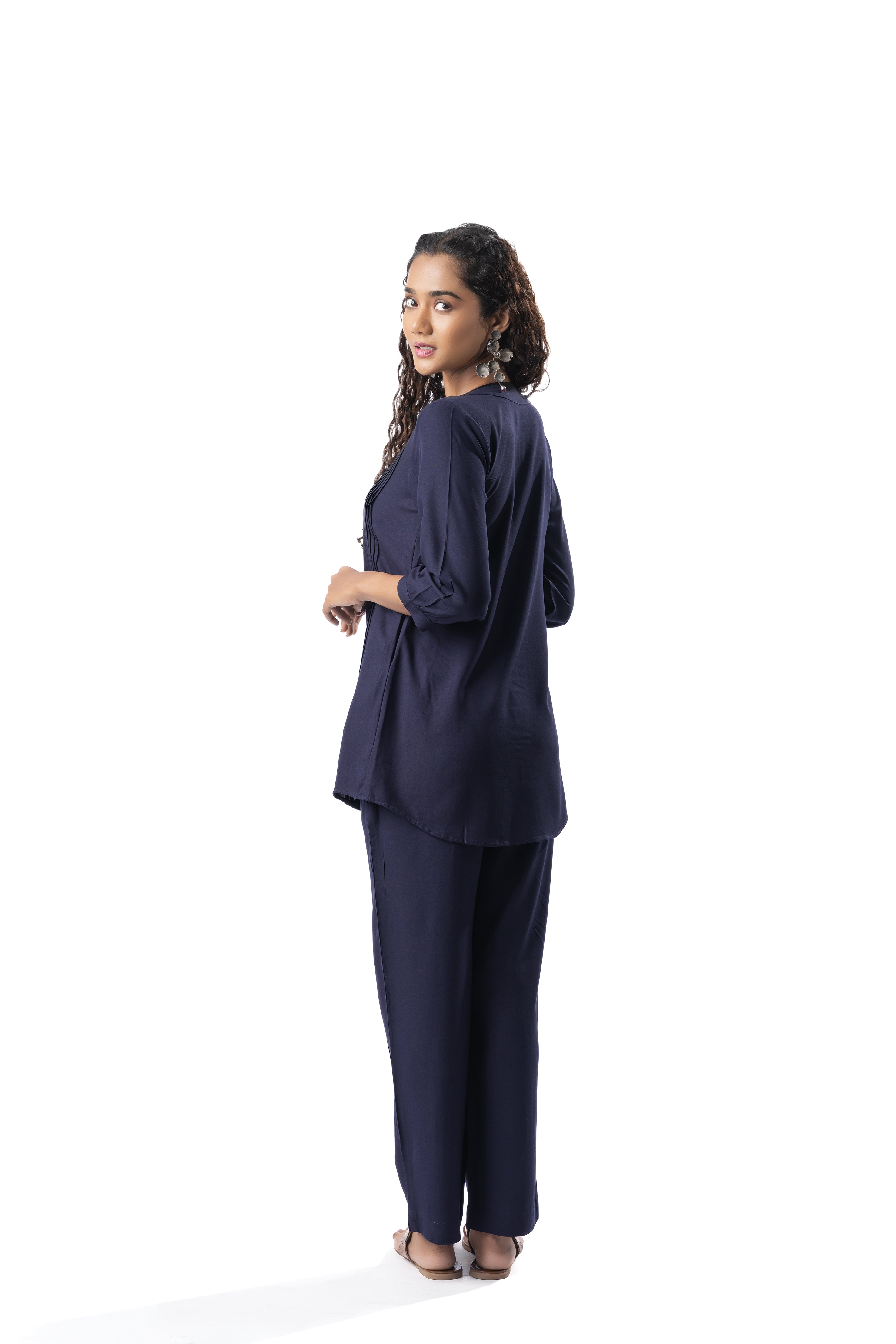 Navy Blue Pleated Band Collar Co-ord Set