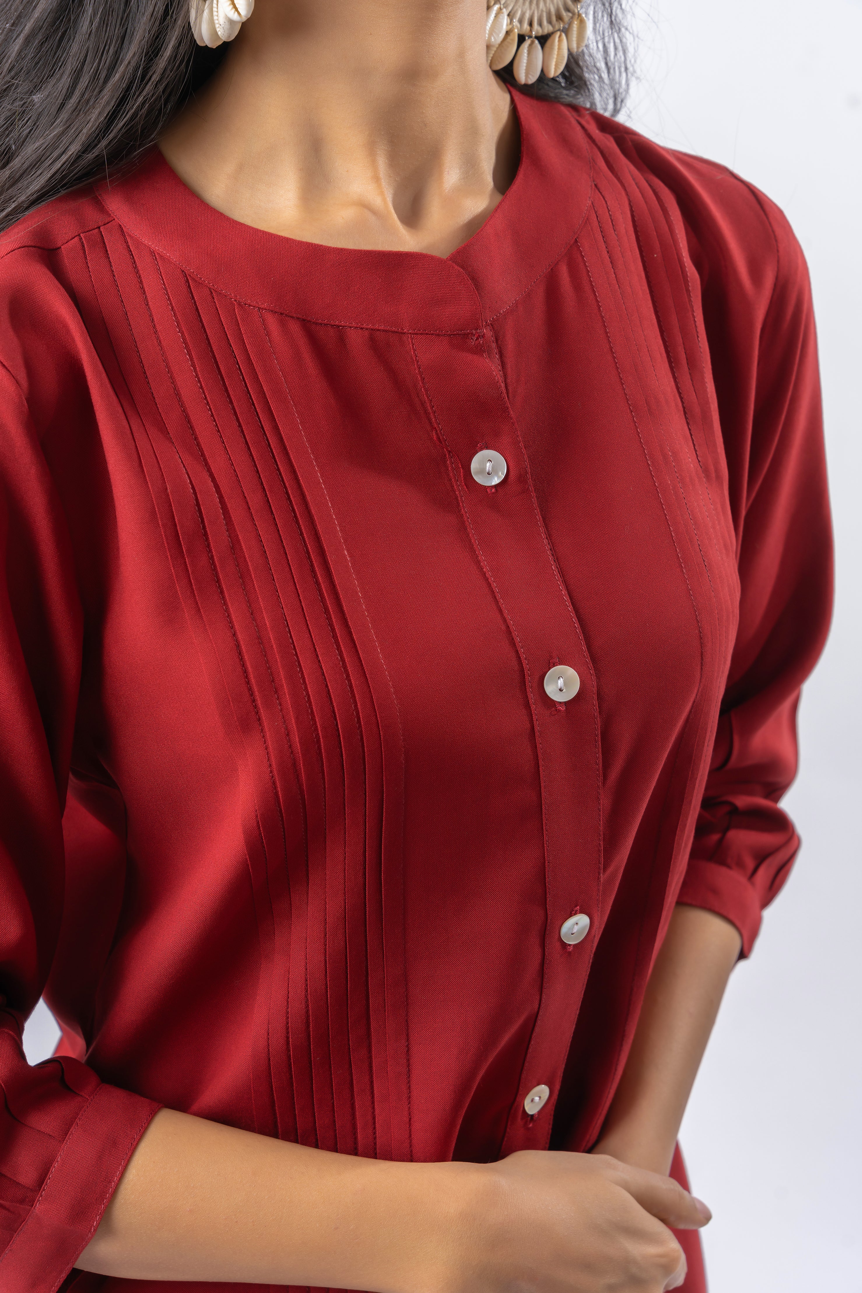 Maroon Pleated Band Collar Straight Fit Shirt