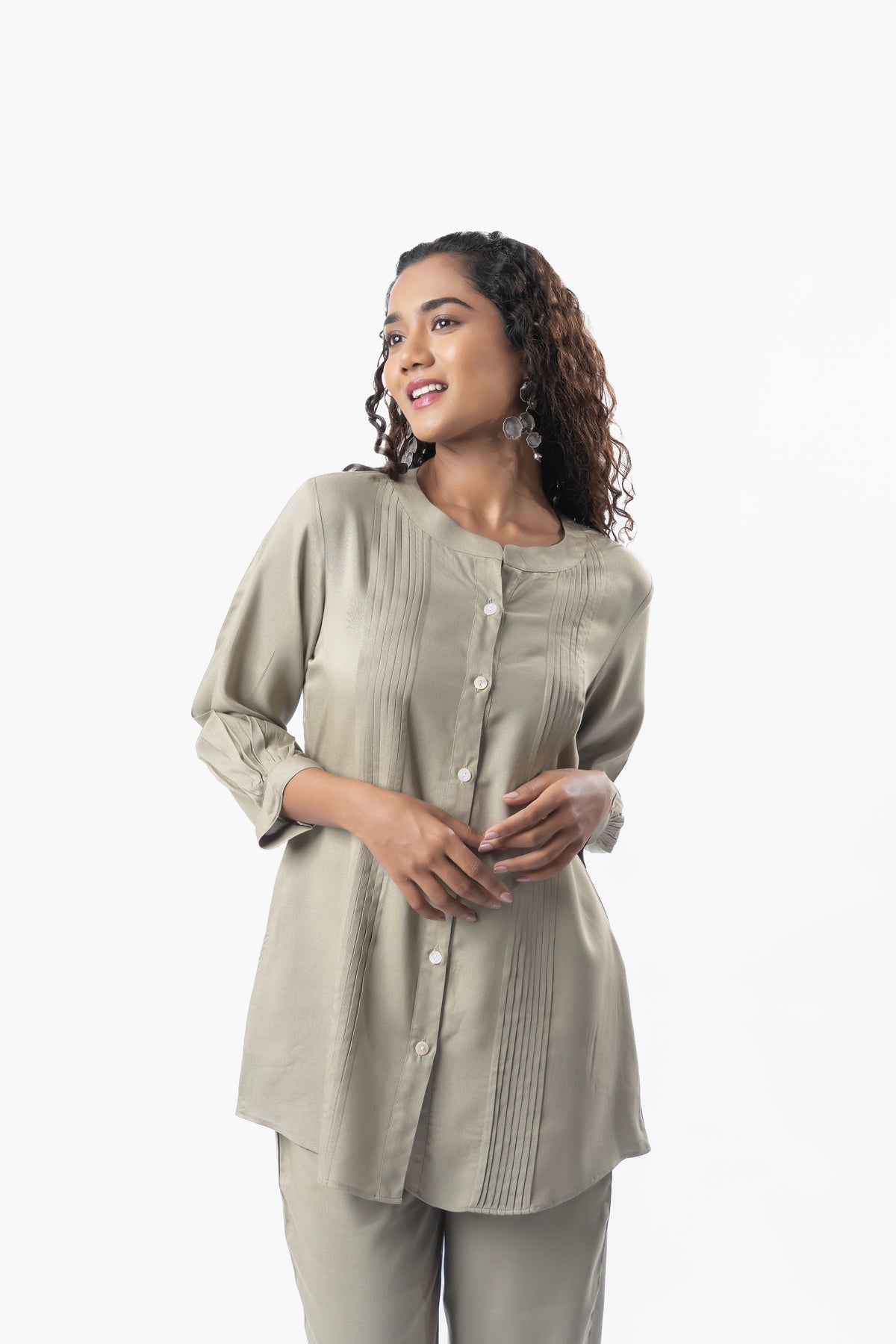 Light Mocha Pleated Band Collar Shirt