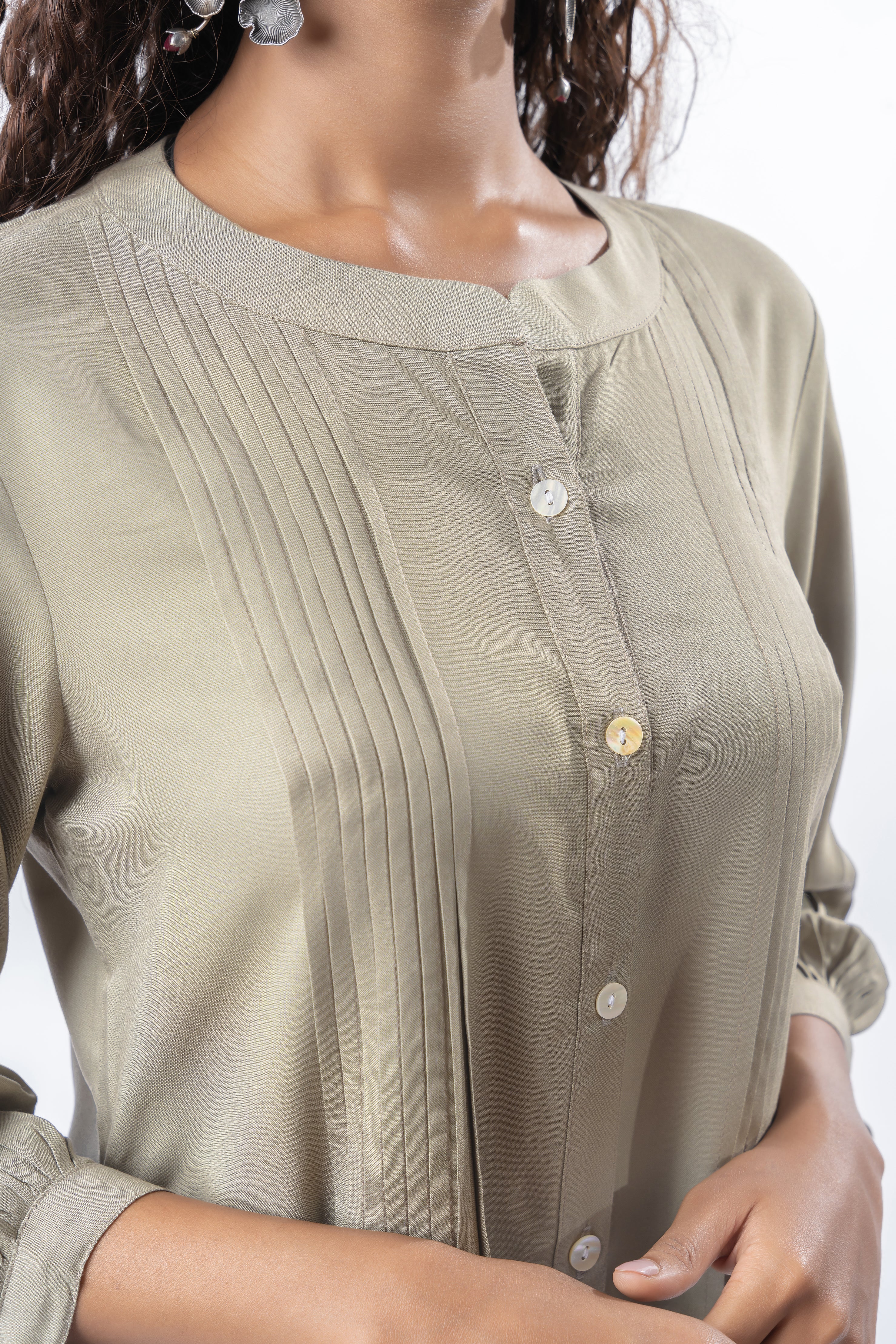 Light Mocha Pleated Band Collar Shirt